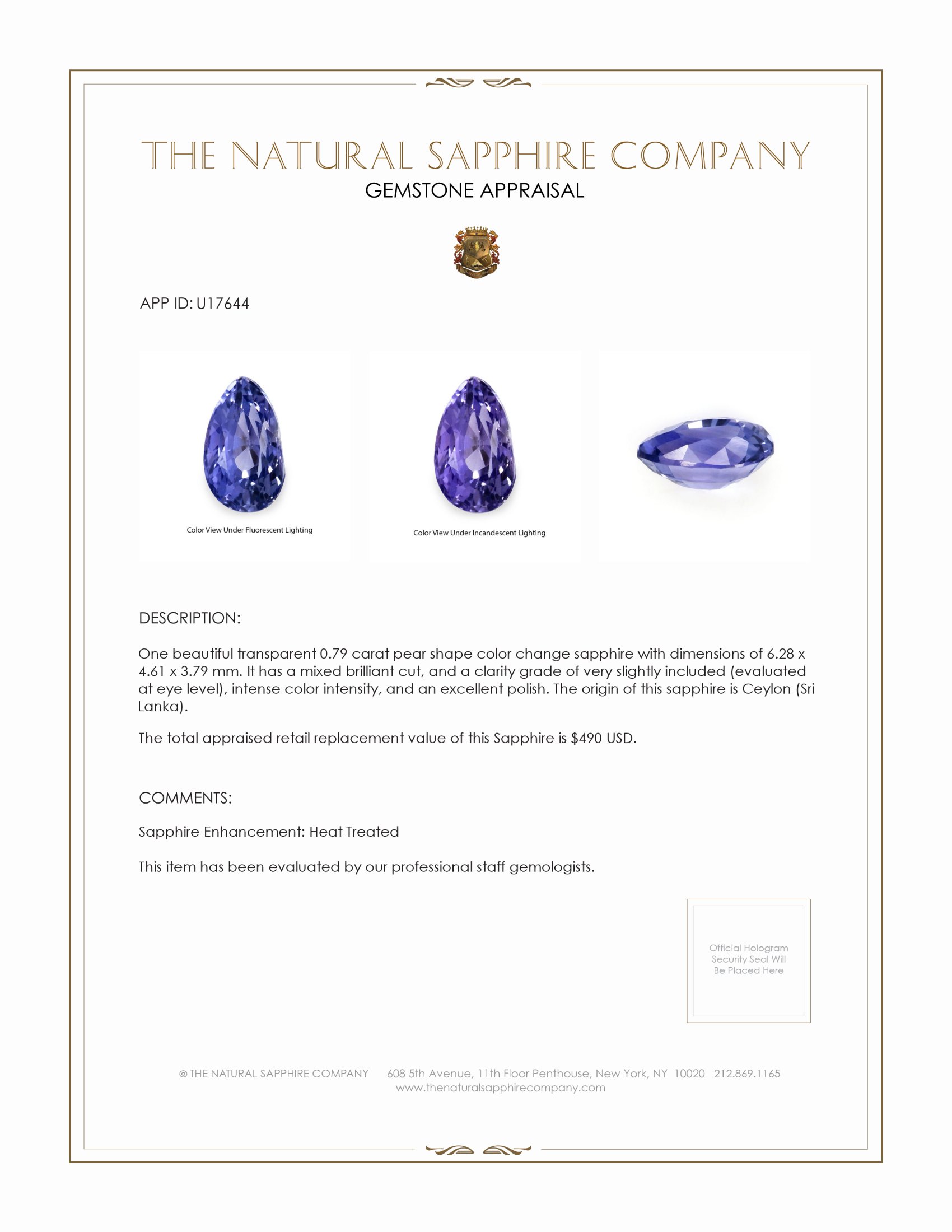 0.79 Ct. Color Change Sapphire from Ceylon (Sri Lanka)