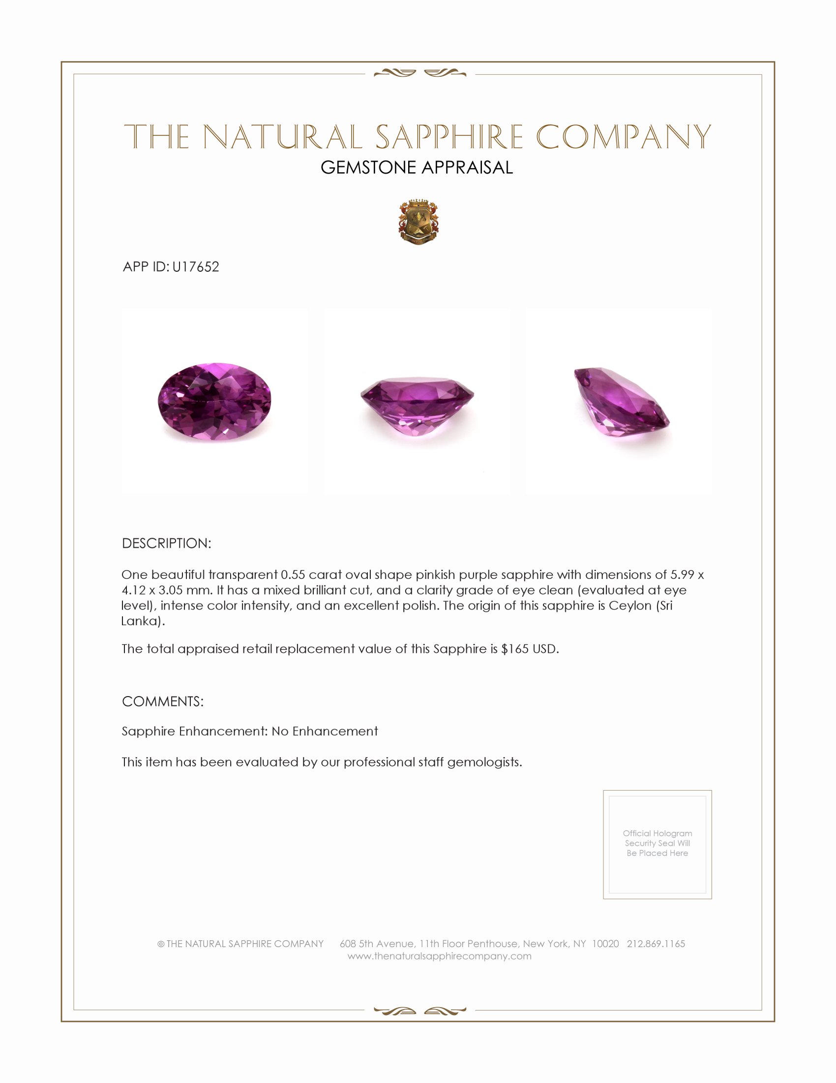 0.55 Ct. Pinkish Purple Sapphire from Ceylon (Sri Lanka)
