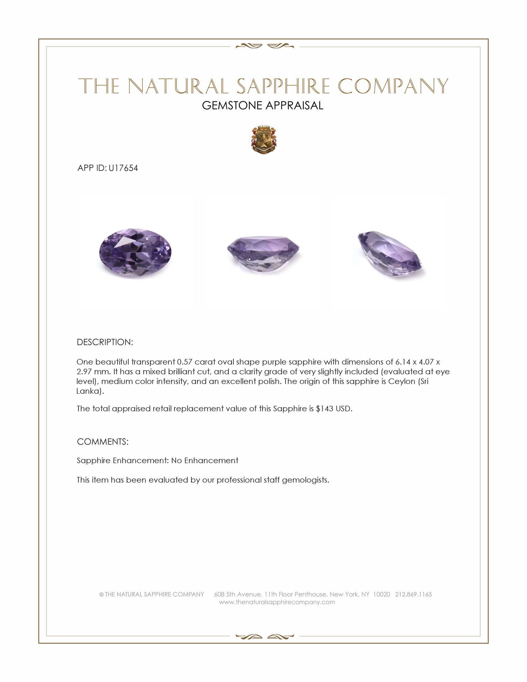 0.57 Ct. Purple Sapphire from Ceylon (Sri Lanka)