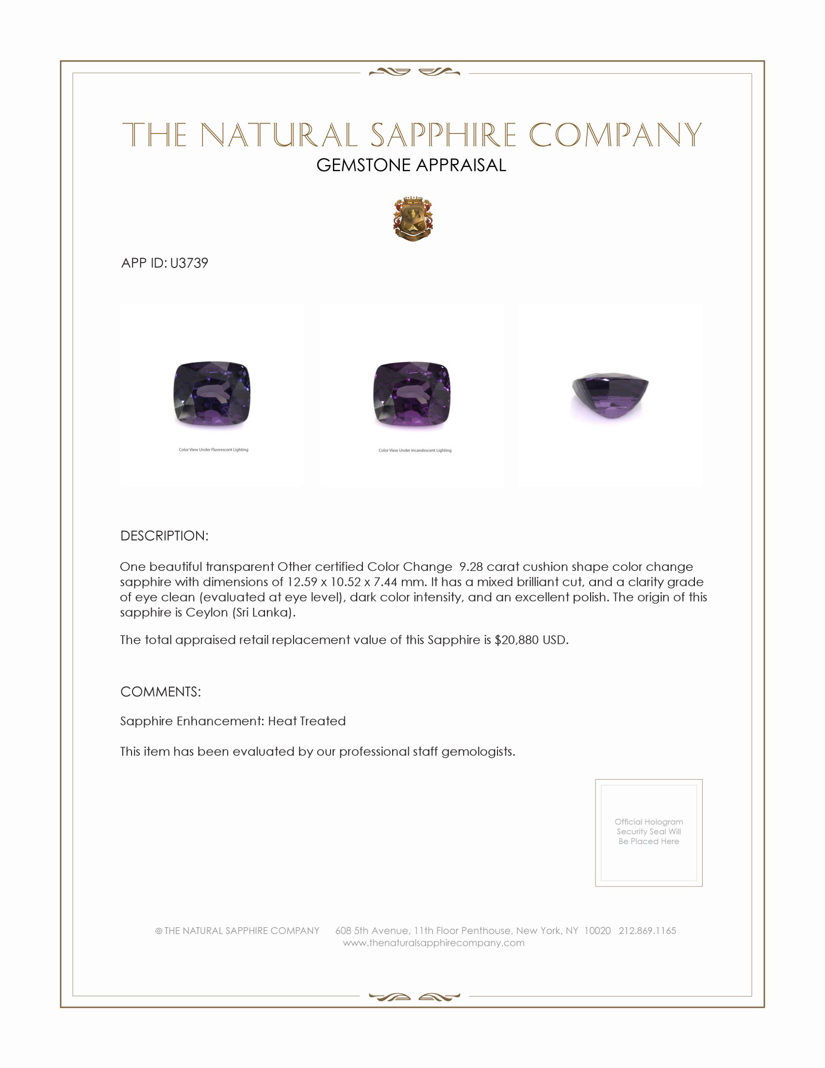 9.28 Ct. Color Change Sapphire from Ceylon (Sri Lanka)