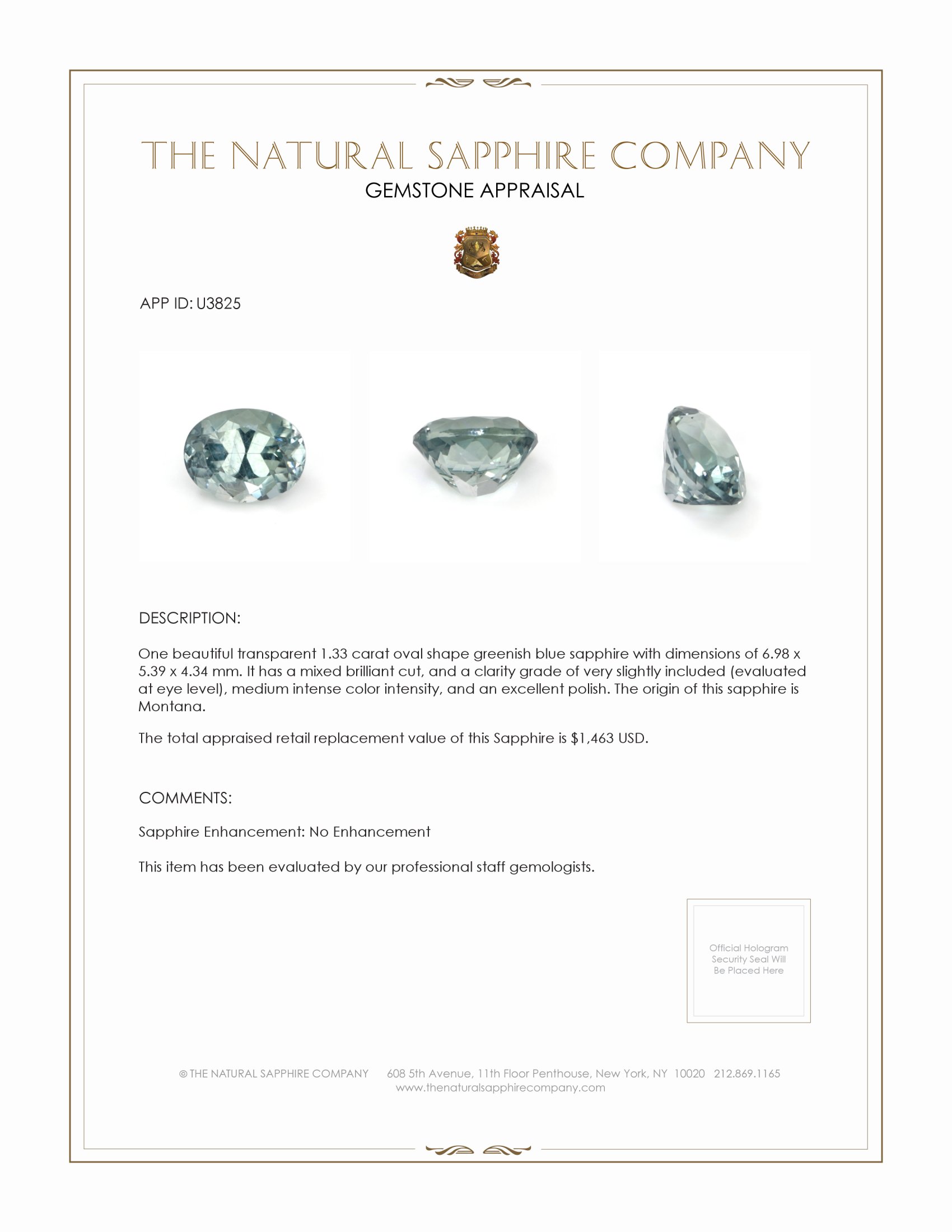 1.33 Ct. Greenish Blue Sapphire from Montana