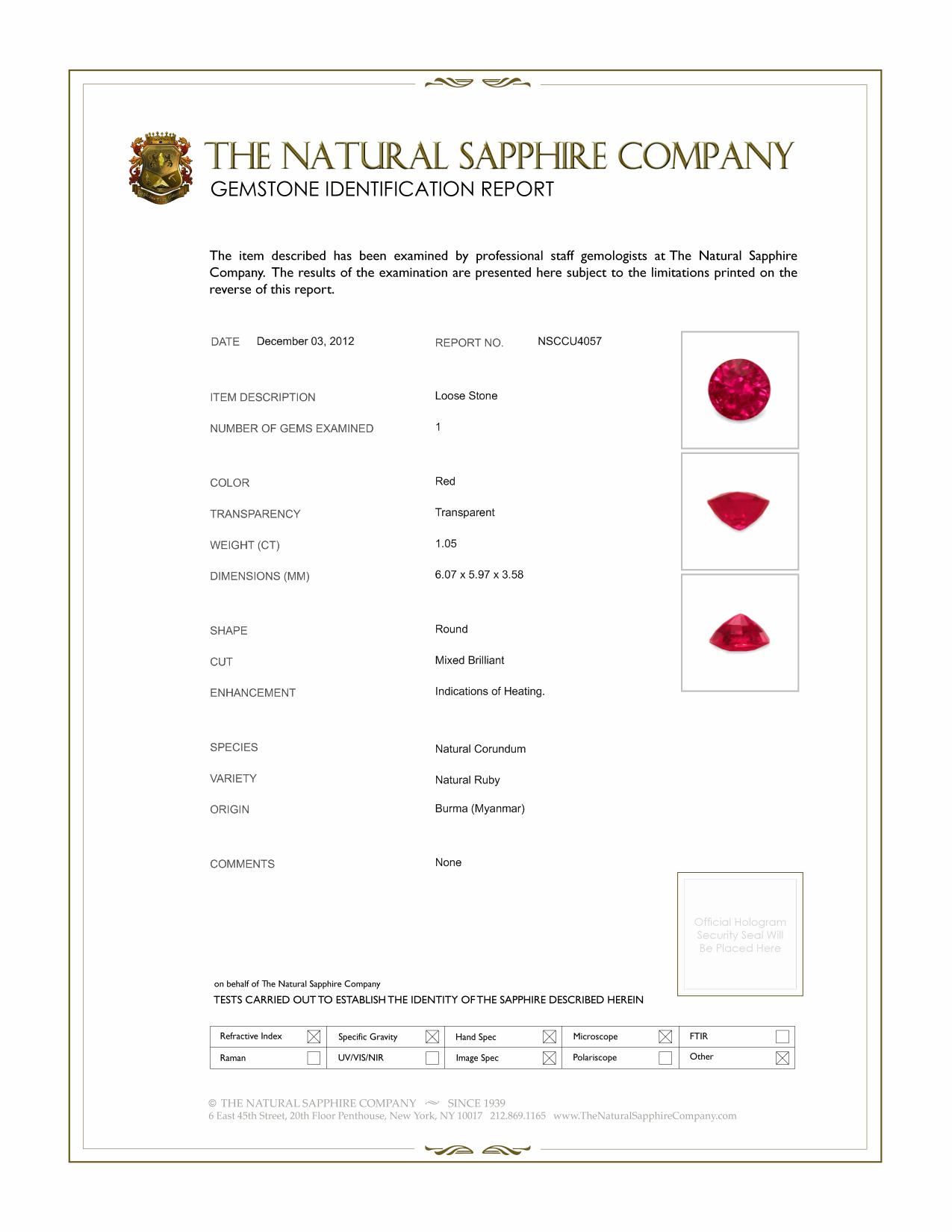 1.05 Ct. Ruby from Burma (Myanmar)