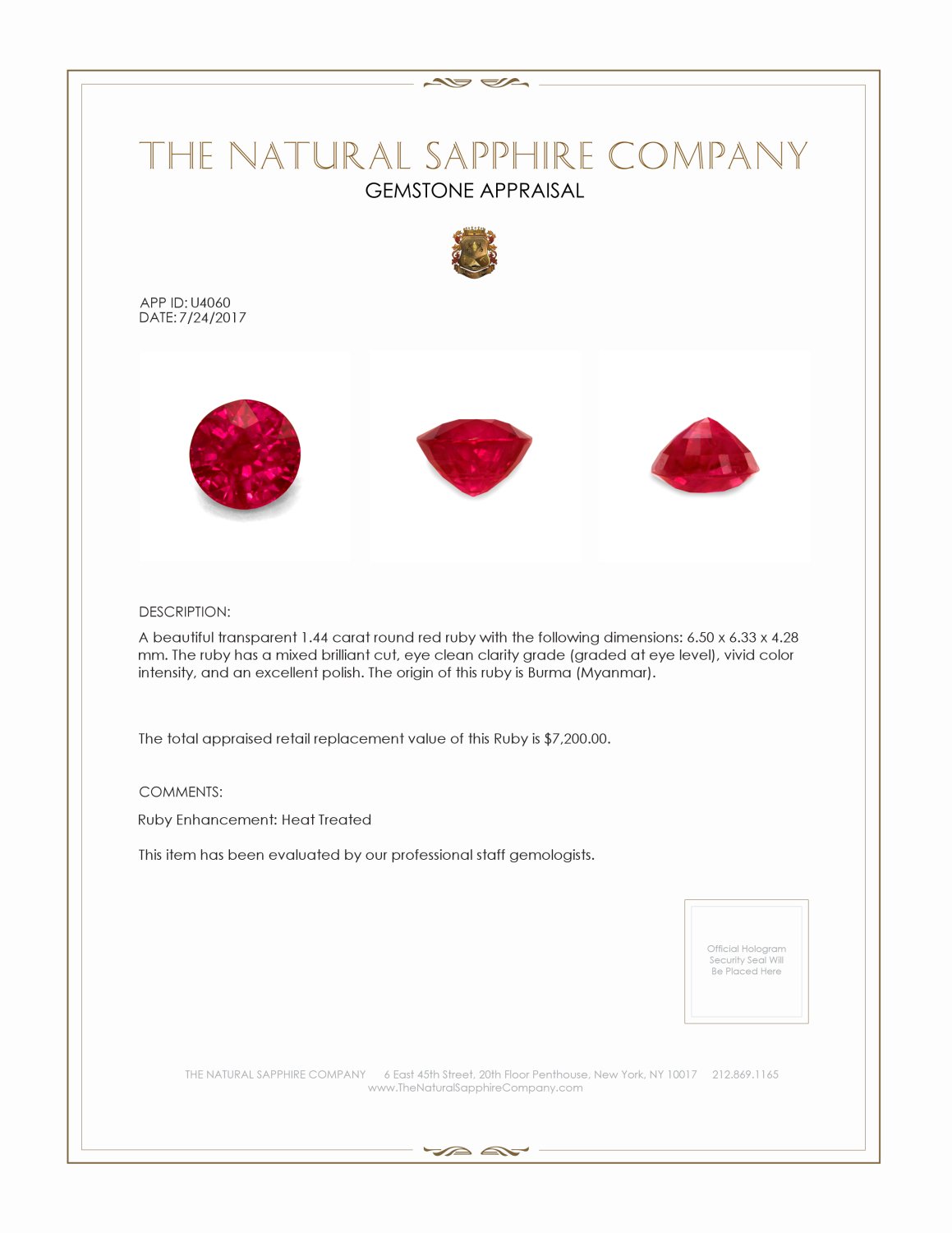 1.44 Ct. Ruby from Burma (Myanmar)
