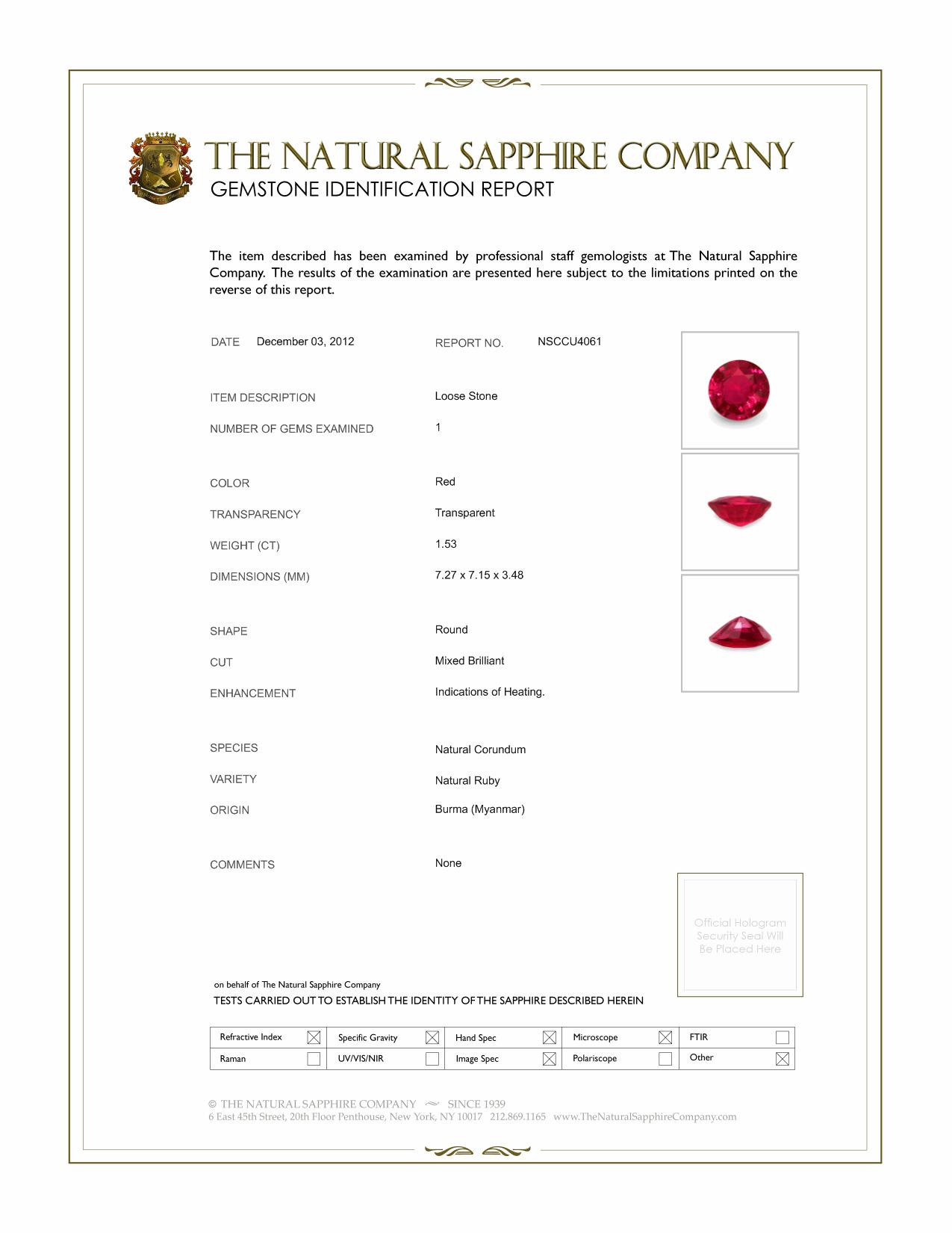 1.53 Ct. Ruby from Burma (Myanmar)