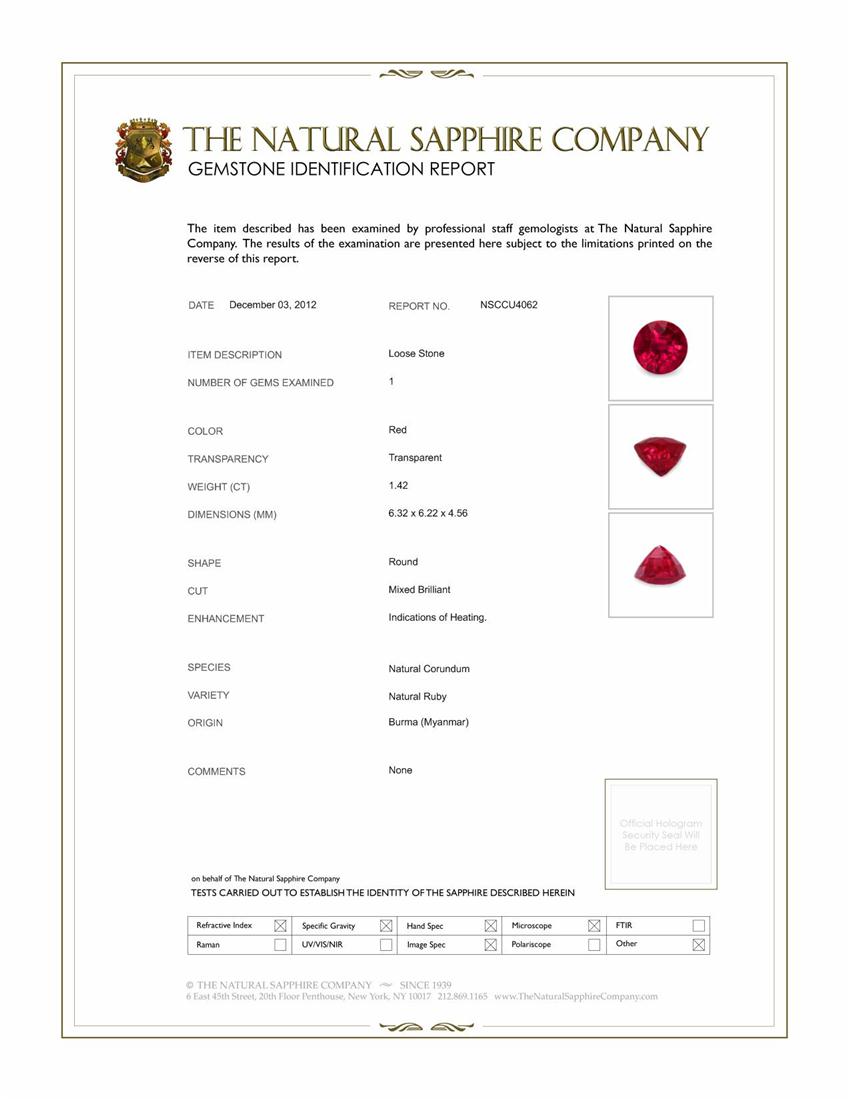 1.42 Ct. Ruby from Burma (Myanmar)