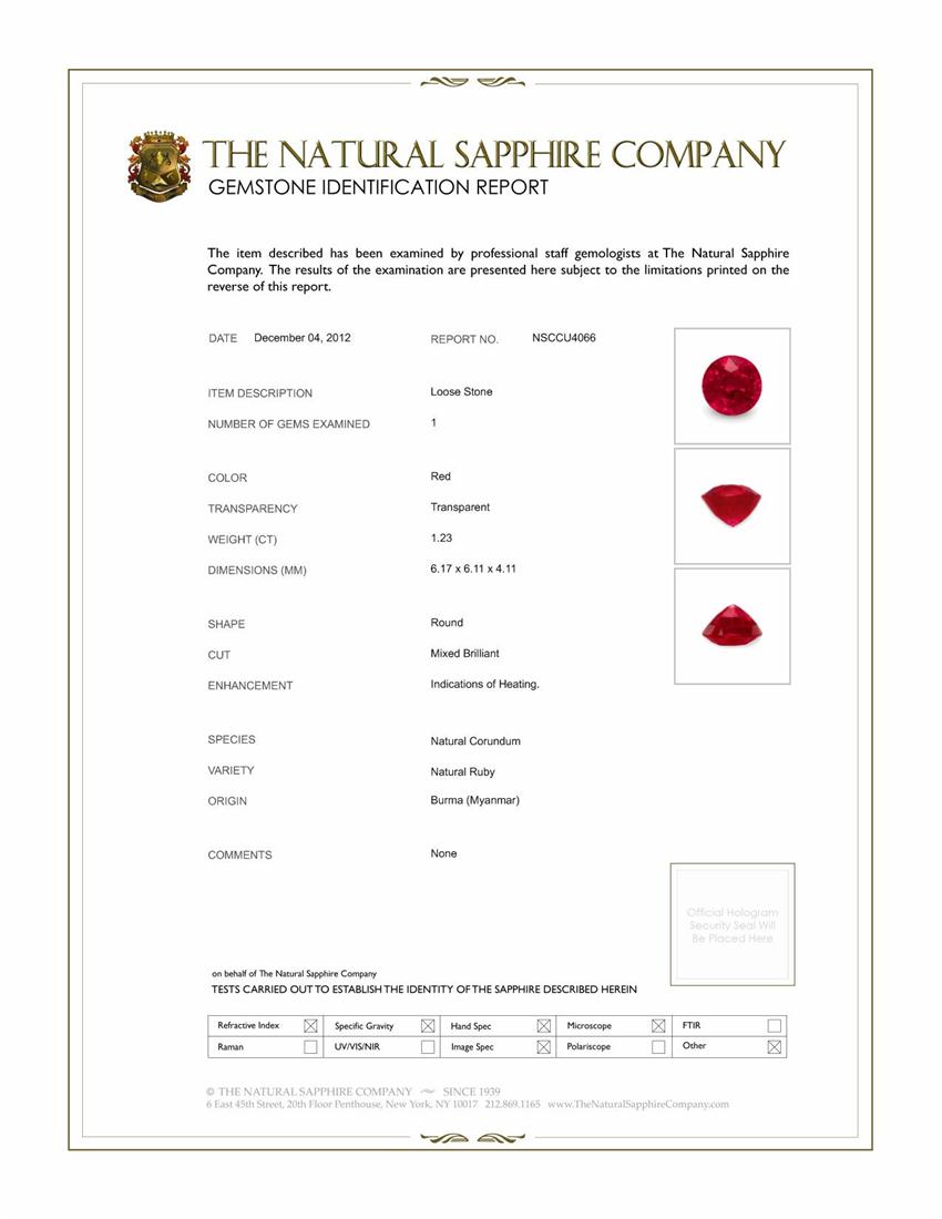 1.23 Ct. Ruby from Burma (Myanmar)
