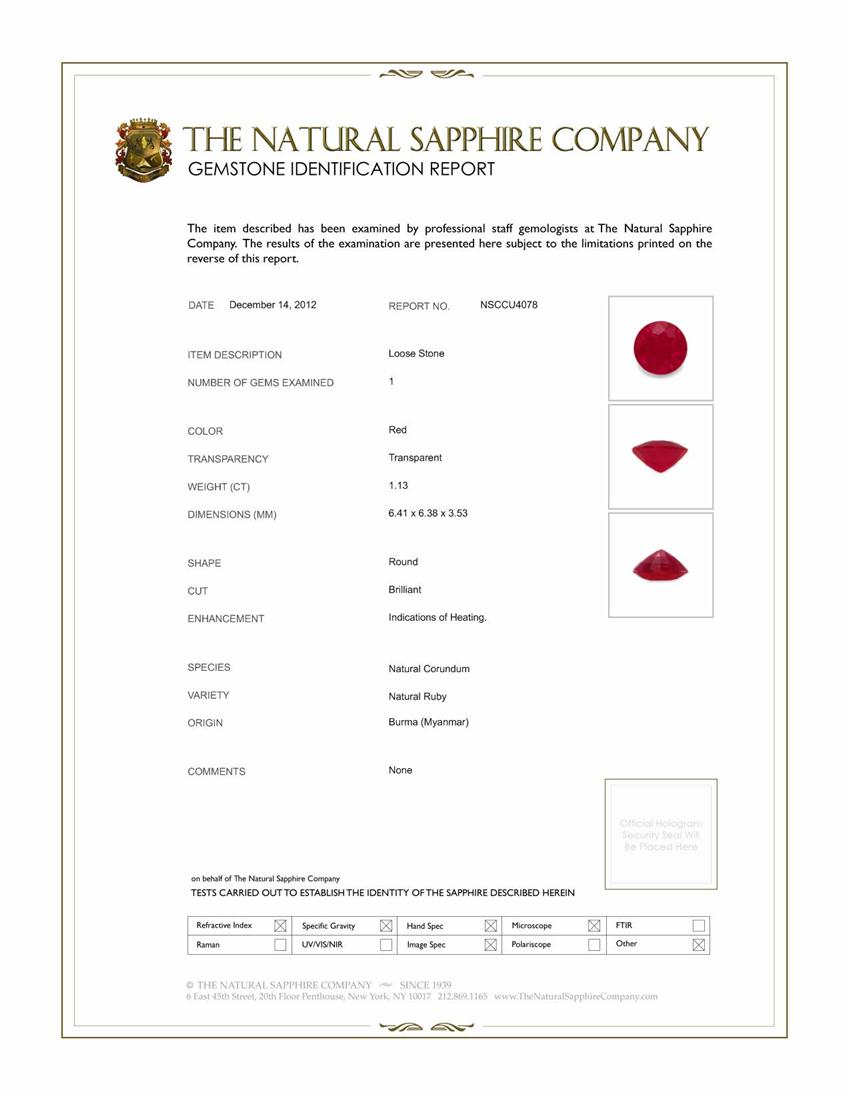 1.13 Ct. Ruby from Burma (Myanmar)