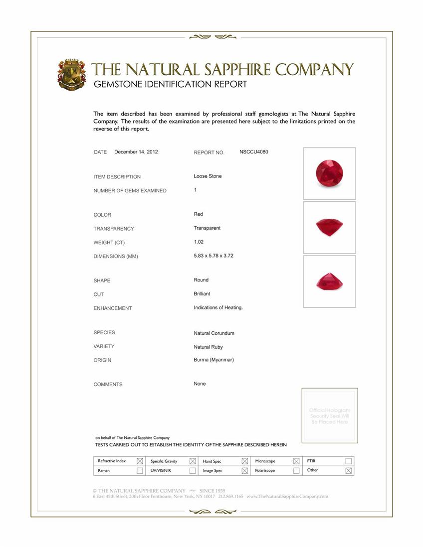 1.02 Ct. Ruby from Burma (Myanmar)