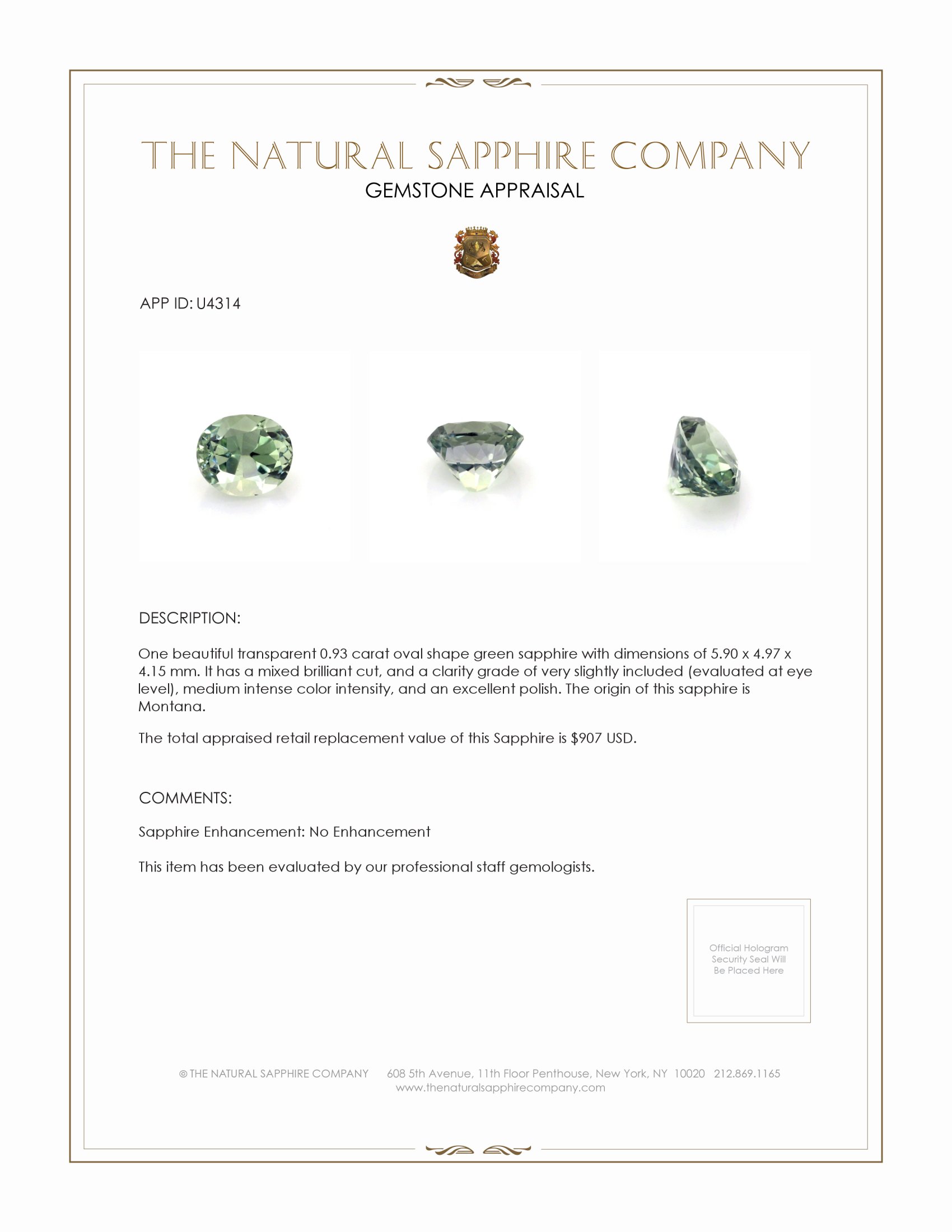 0.93 Ct. Green Sapphire from Montana