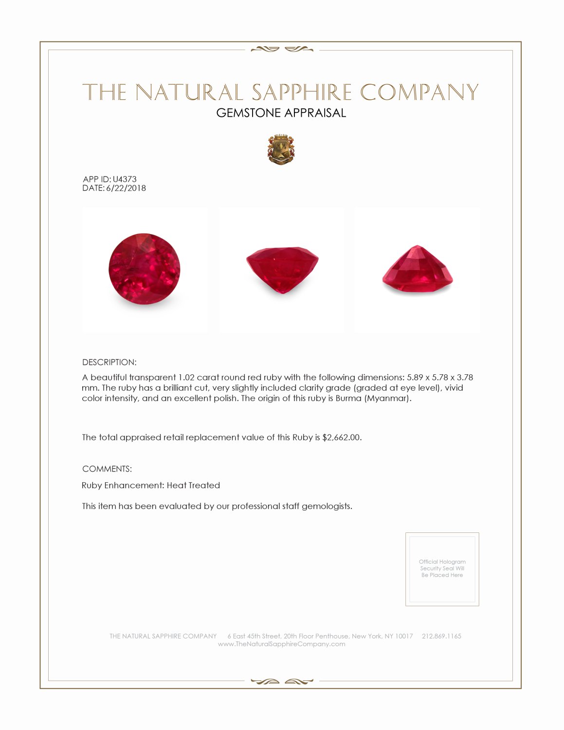 1.02 Ct. Ruby from Burma (Myanmar)