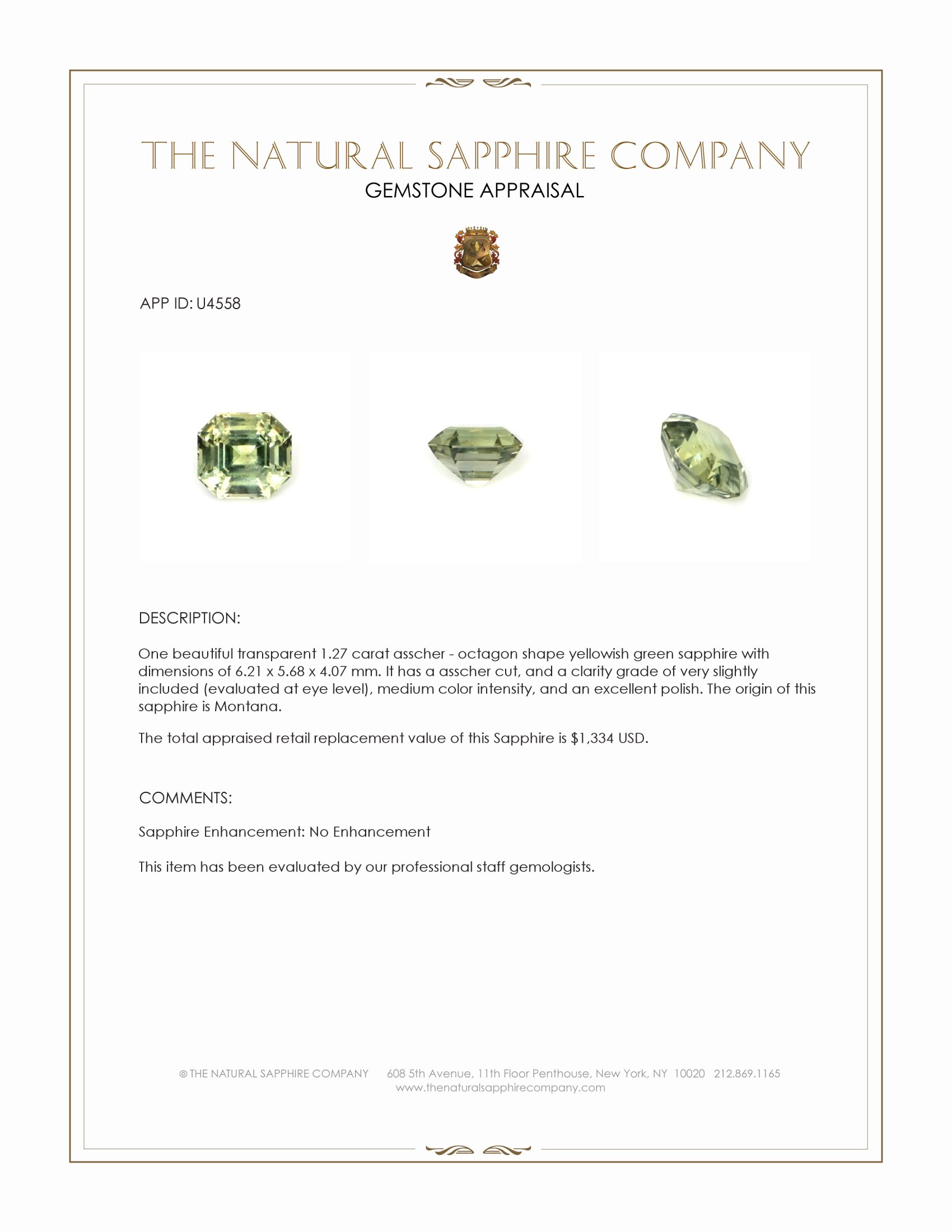 1.27 Ct. Yellowish Green Sapphire from Montana