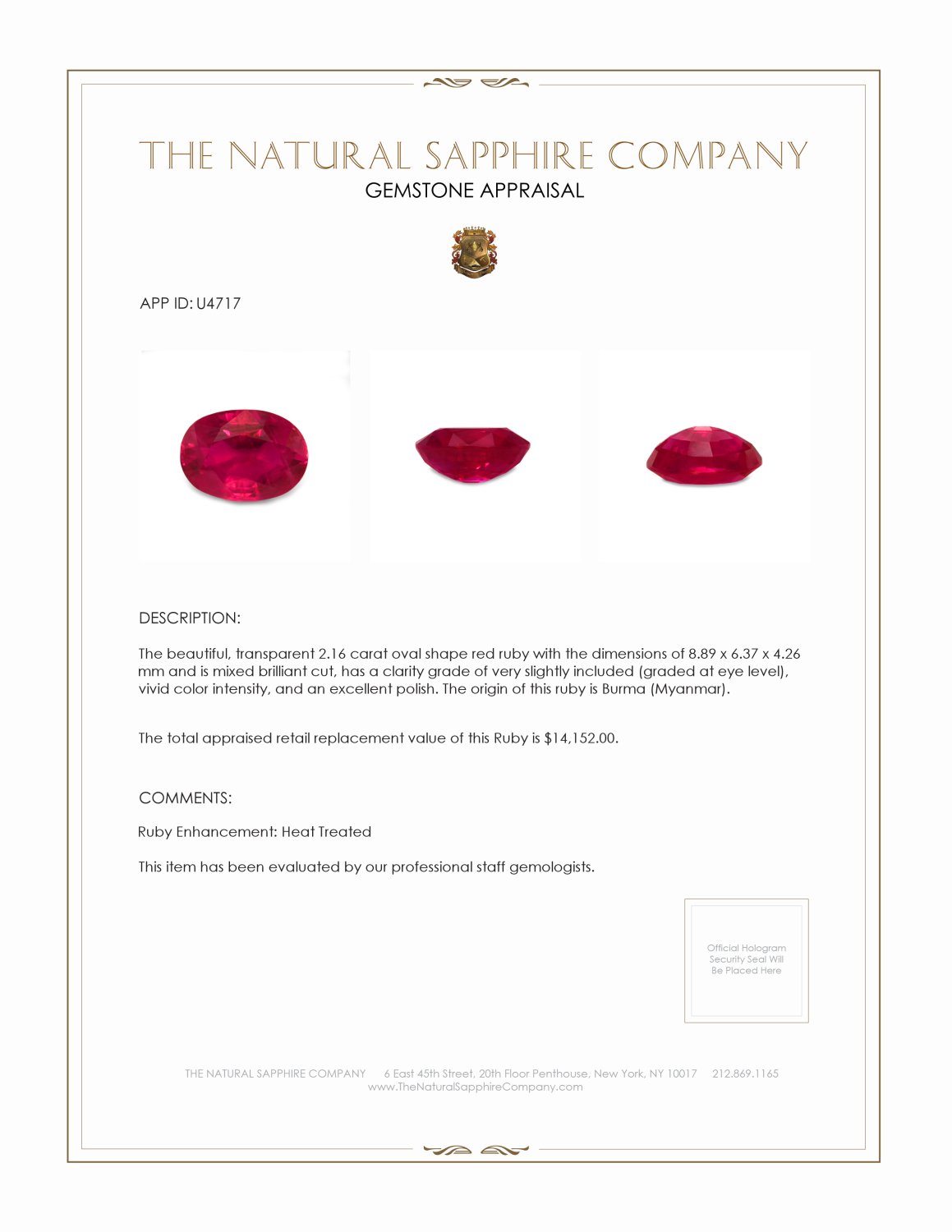2.16 Ct. Ruby from Burma (Myanmar)