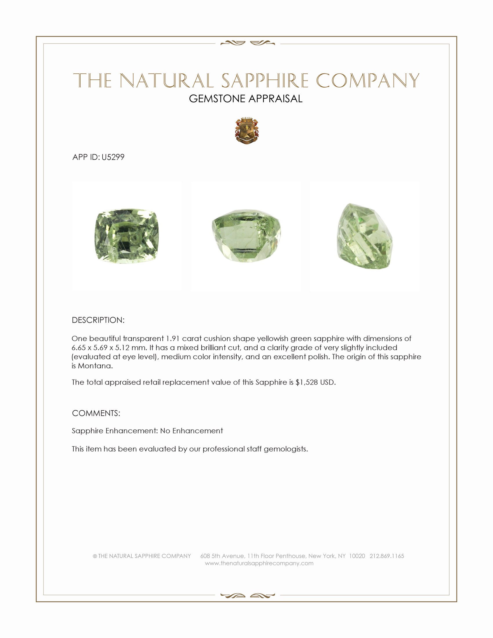 1.91 Ct. Yellowish Green Sapphire from Montana