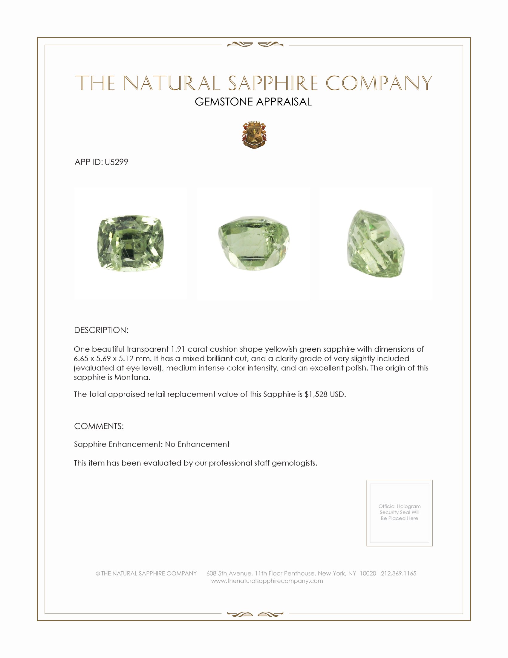 1.91 Ct. Yellowish Green Sapphire from Montana