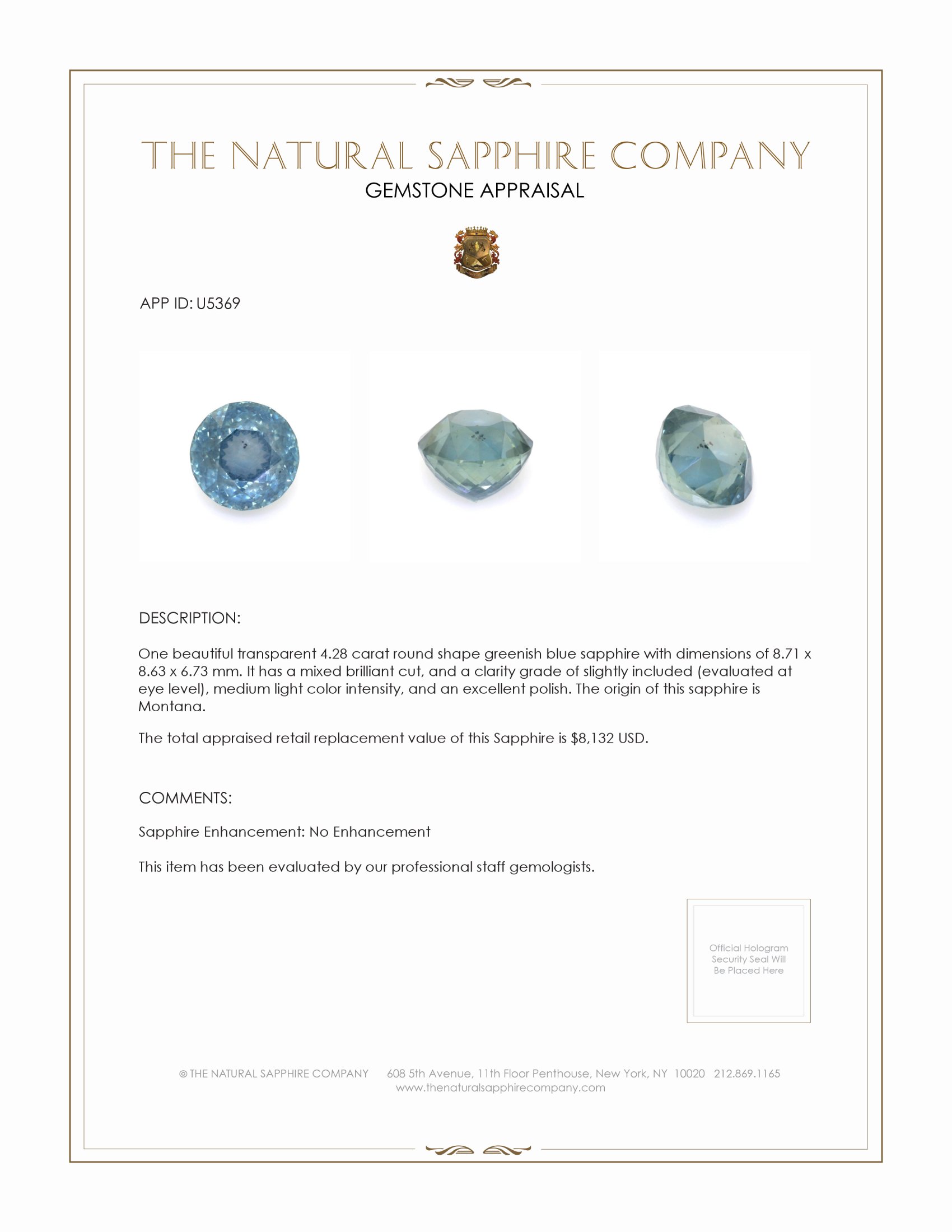 4.28 Ct. Greenish Blue Sapphire from Montana