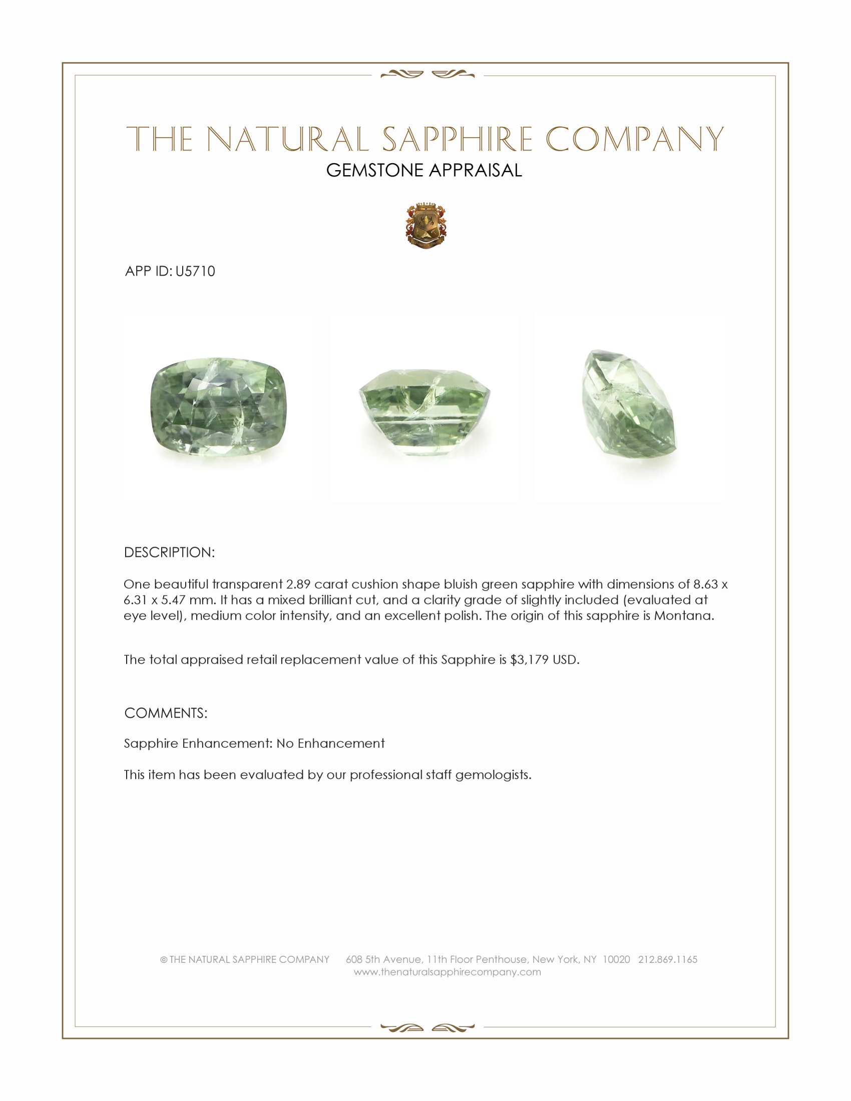 2.89 Ct. Bluish Green Sapphire from Montana