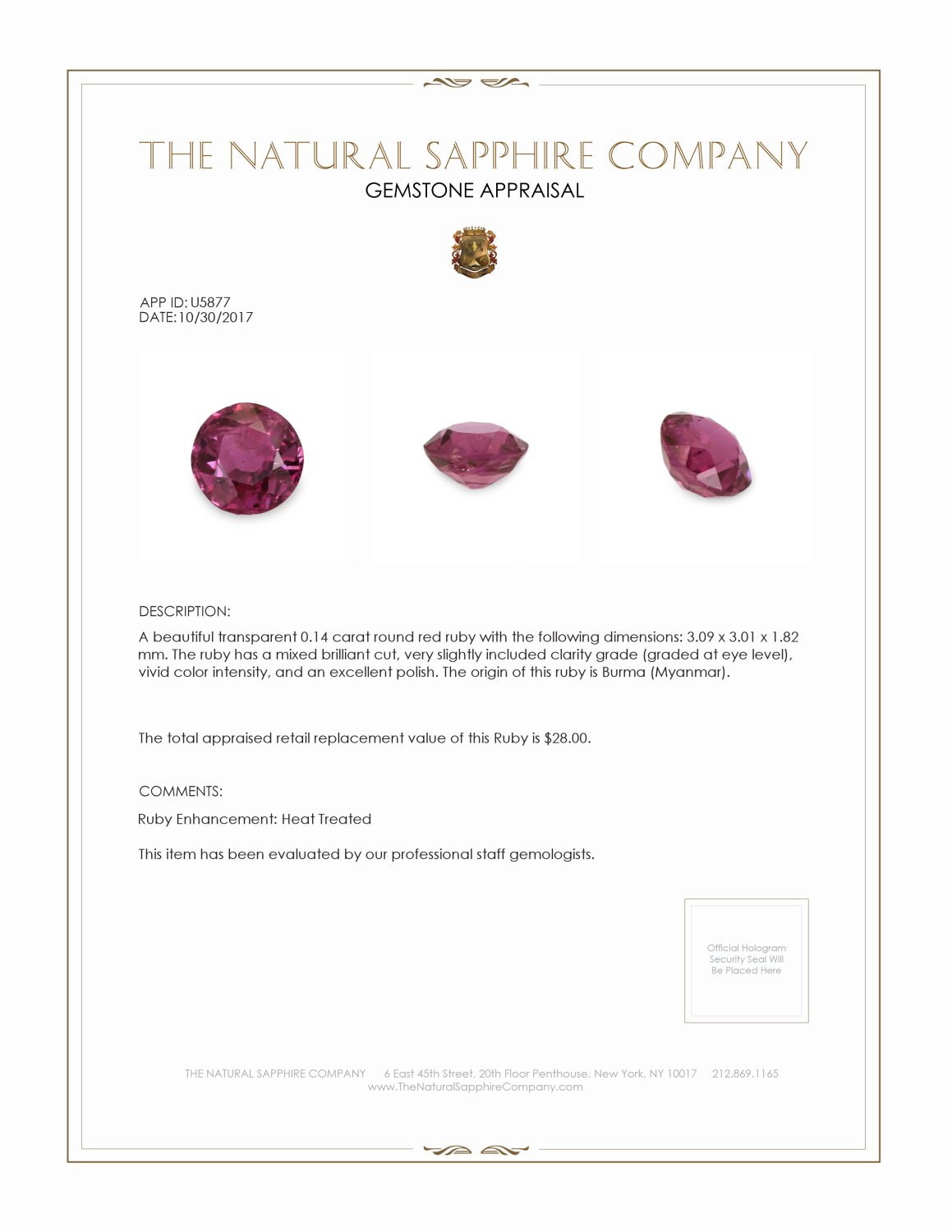 0.14 Ct. Ruby from Burma (Myanmar)