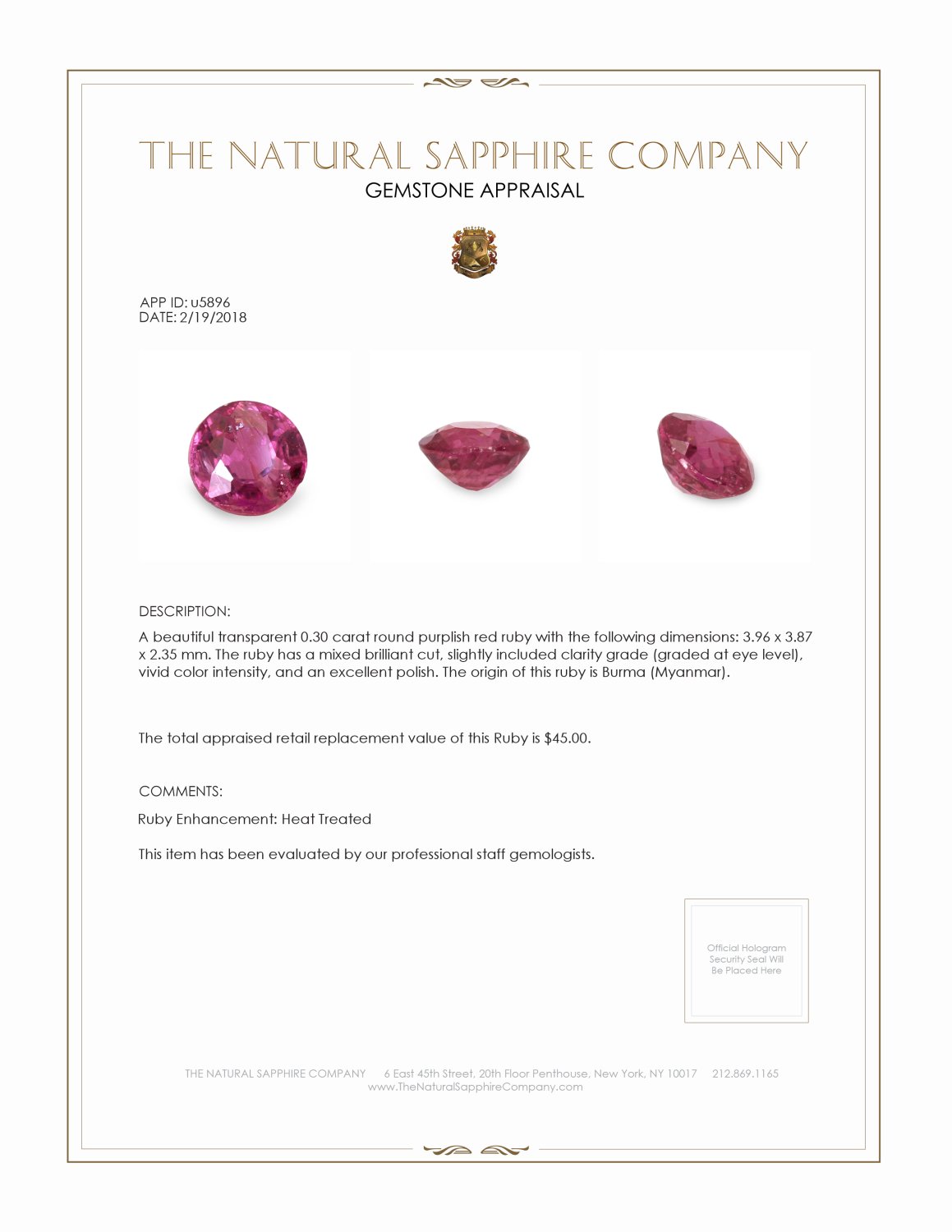 0.30 Ct. Purplish Red Ruby from Burma (Myanmar)