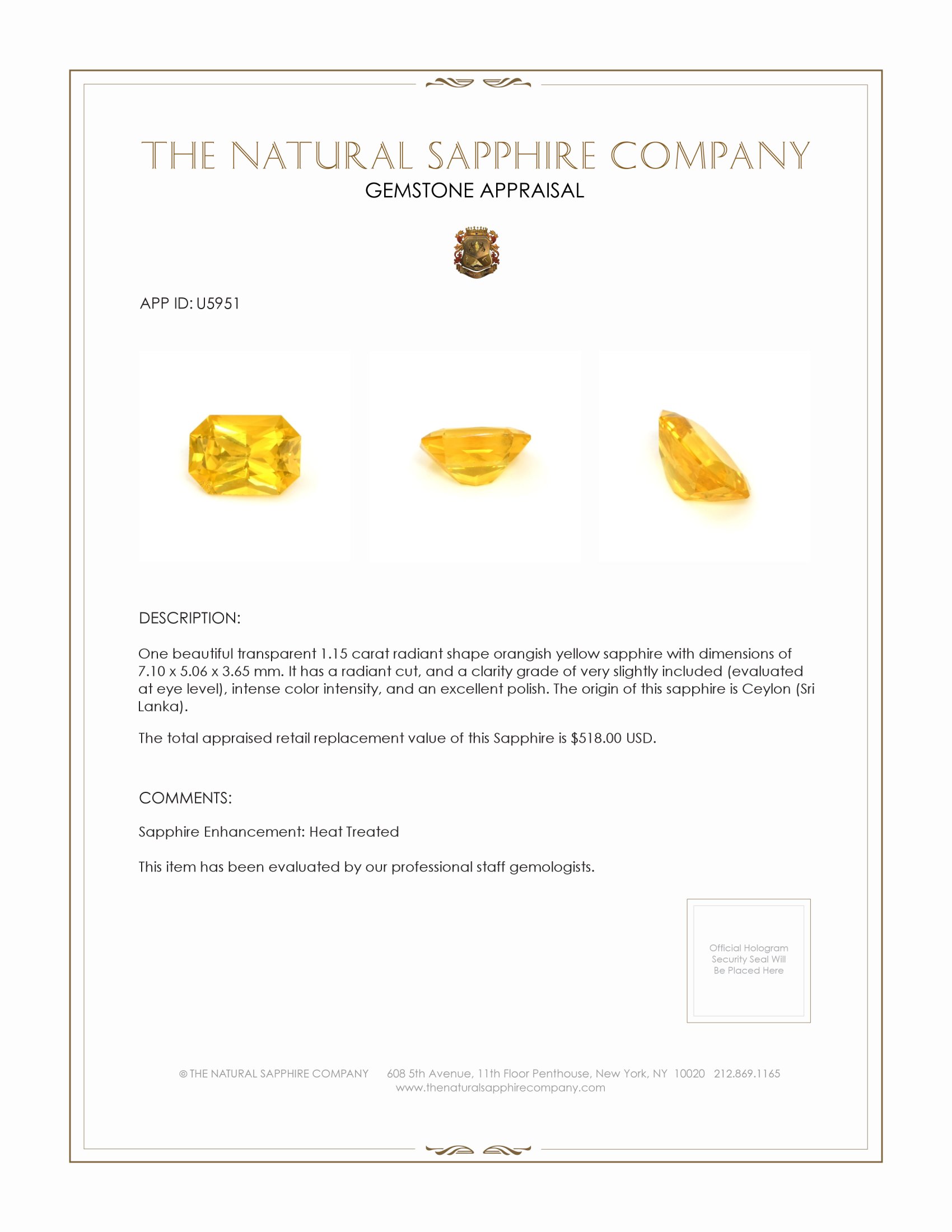 1.15 Ct. Orangish Yellow Sapphire from Ceylon (Sri Lanka)