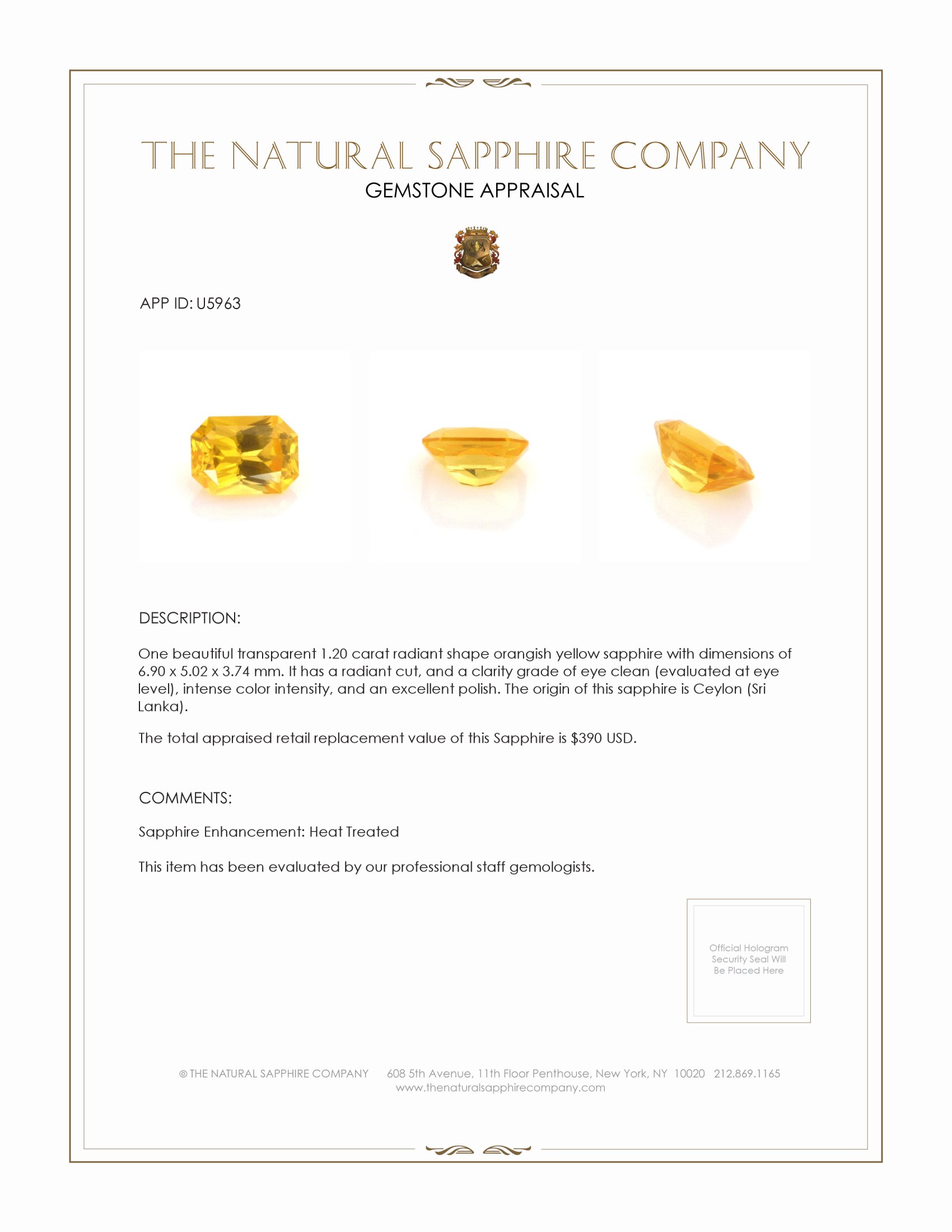 1.20 Ct. Orangish Yellow Sapphire from Ceylon (Sri Lanka)