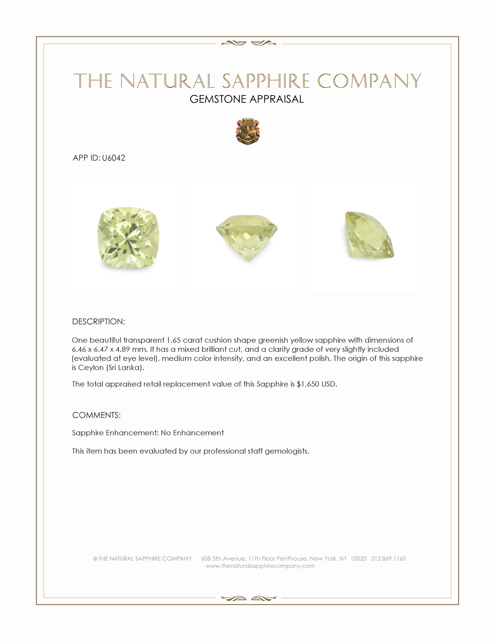 1.65 Ct. Greenish Yellow Sapphire from Ceylon (Sri Lanka)