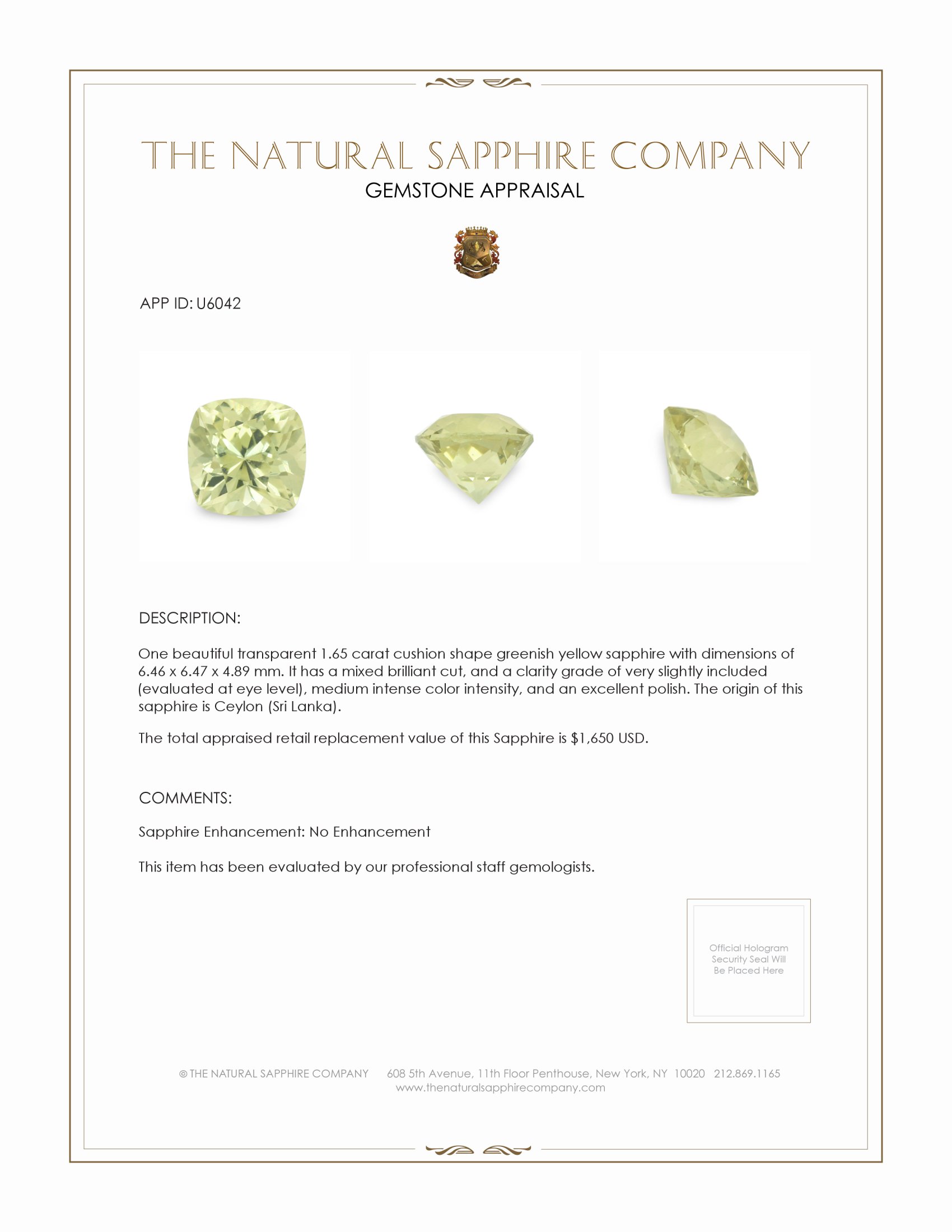 1.65 Ct. Greenish Yellow Sapphire from Ceylon (Sri Lanka)