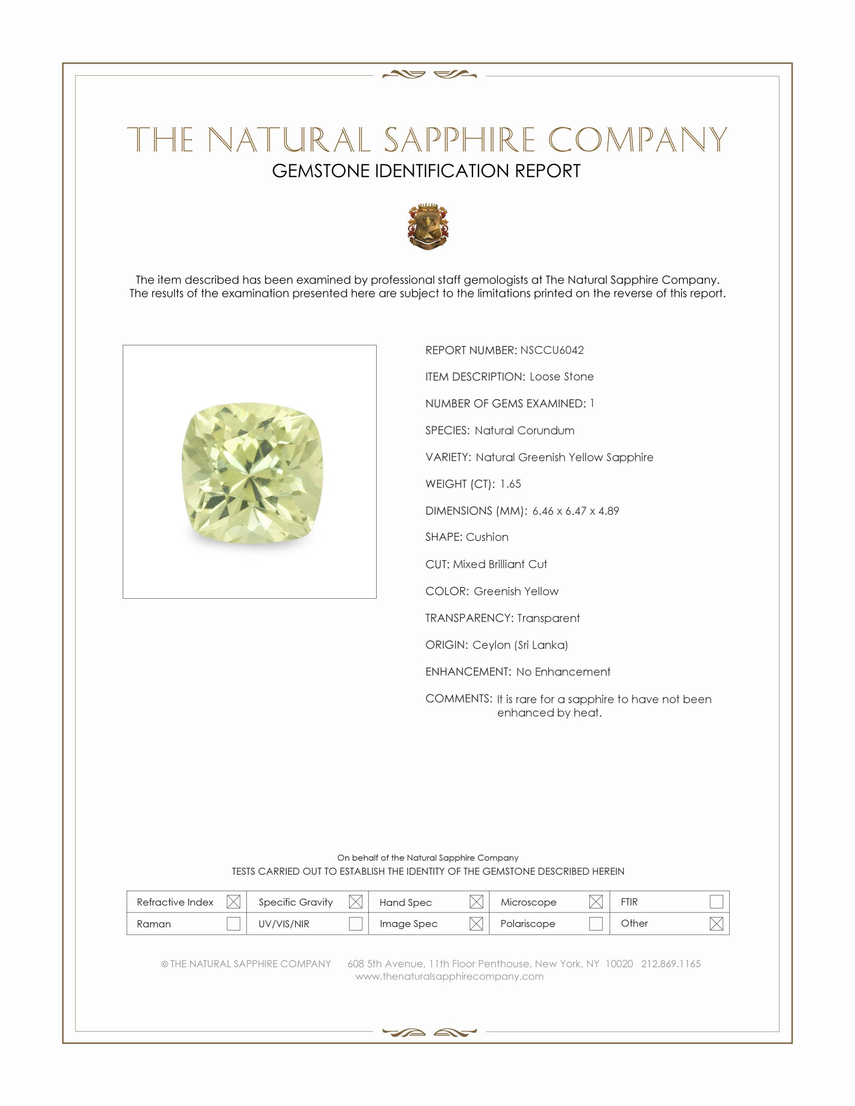 1.65 Ct. Greenish Yellow Sapphire from Ceylon (Sri Lanka)