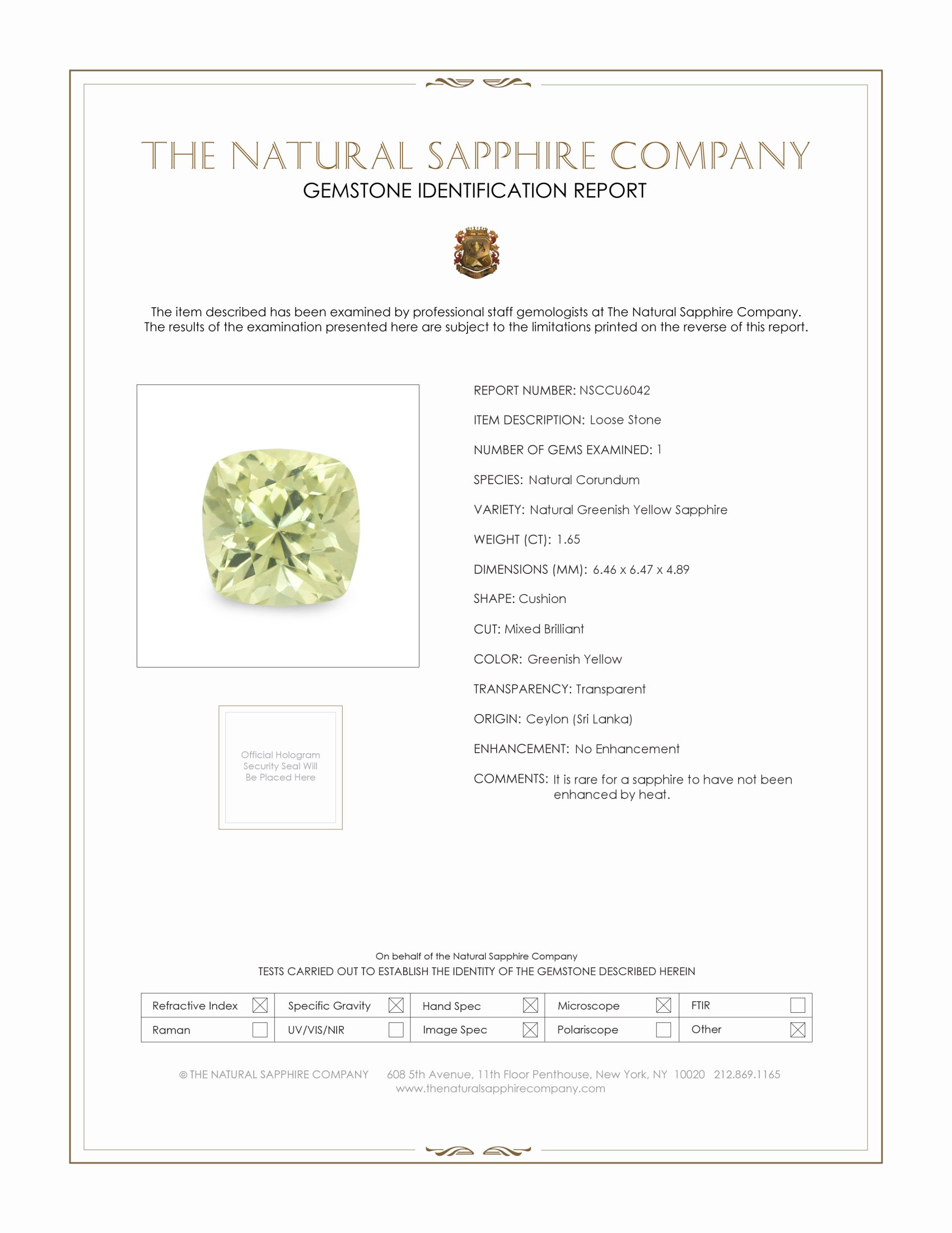 1.65 Ct. Greenish Yellow Sapphire from Ceylon (Sri Lanka)