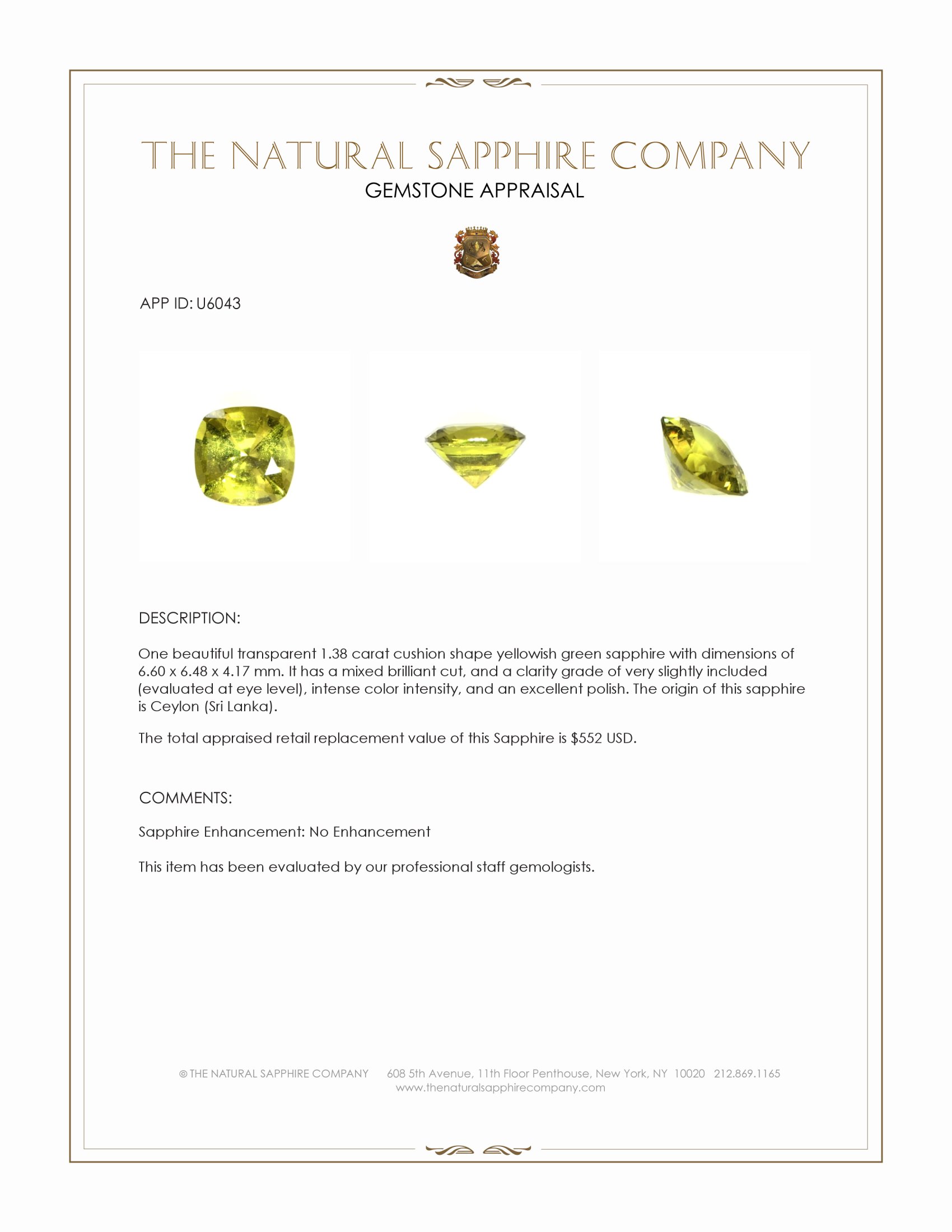 1.38 Ct. Yellowish Green Sapphire from Ceylon (Sri Lanka)