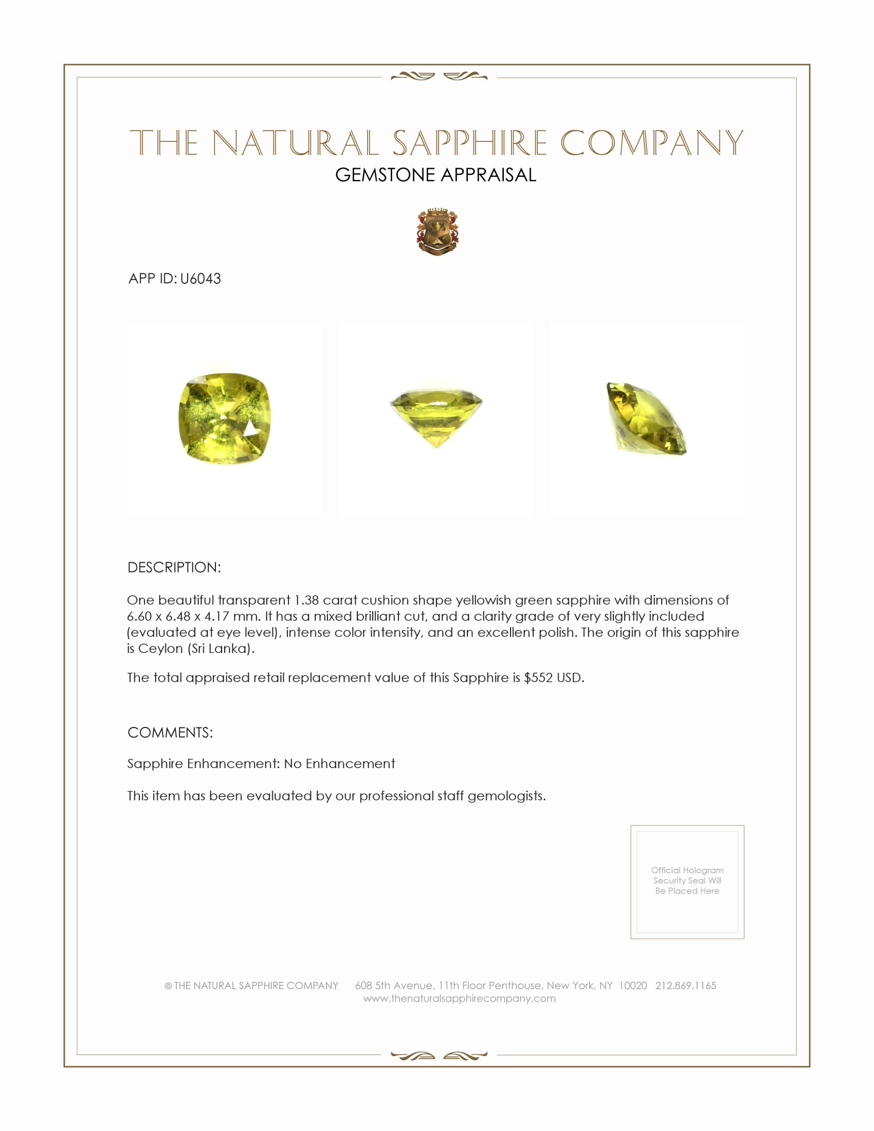 1.38 Ct. Yellowish Green Sapphire from Ceylon (Sri Lanka)