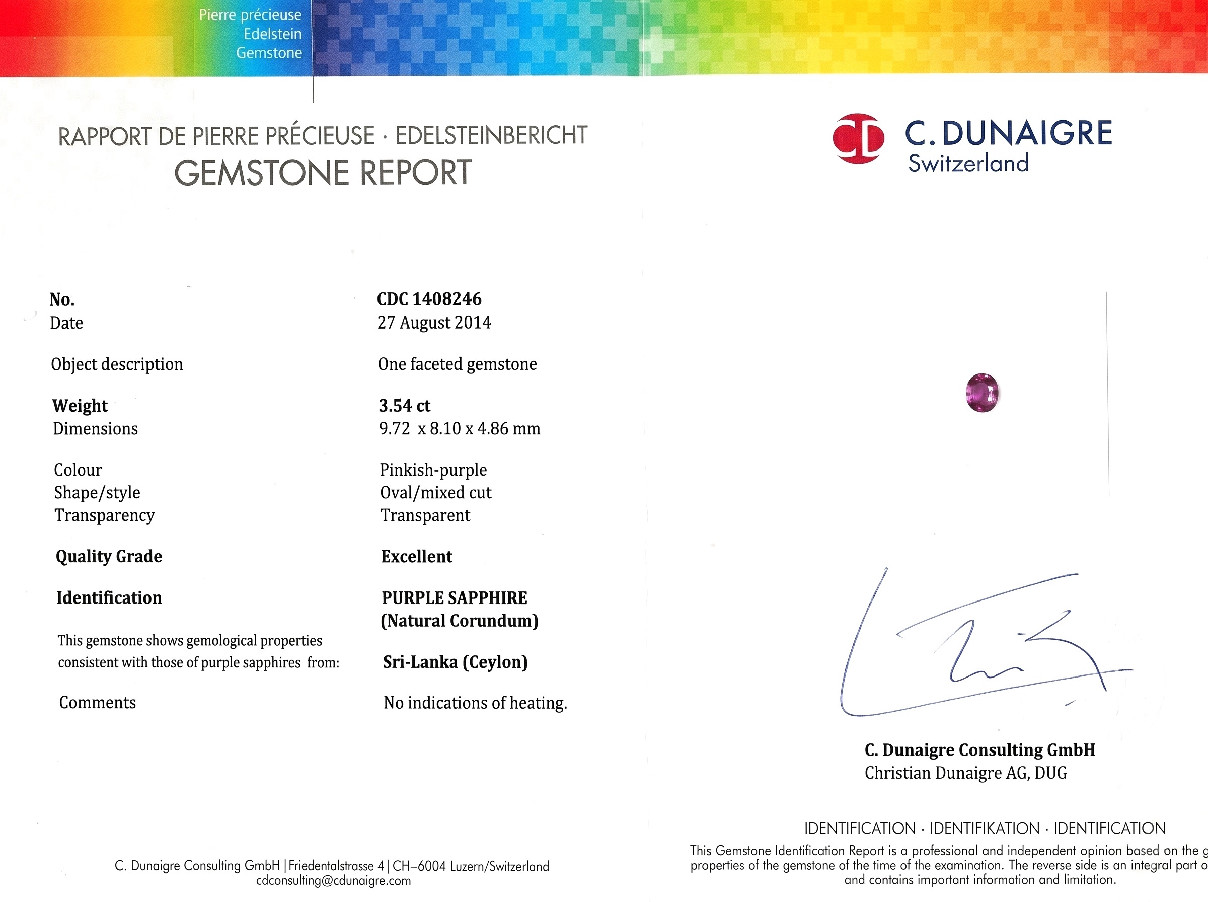 3.54 Ct. Pinkish Purple Sapphire from Ceylon (Sri Lanka)