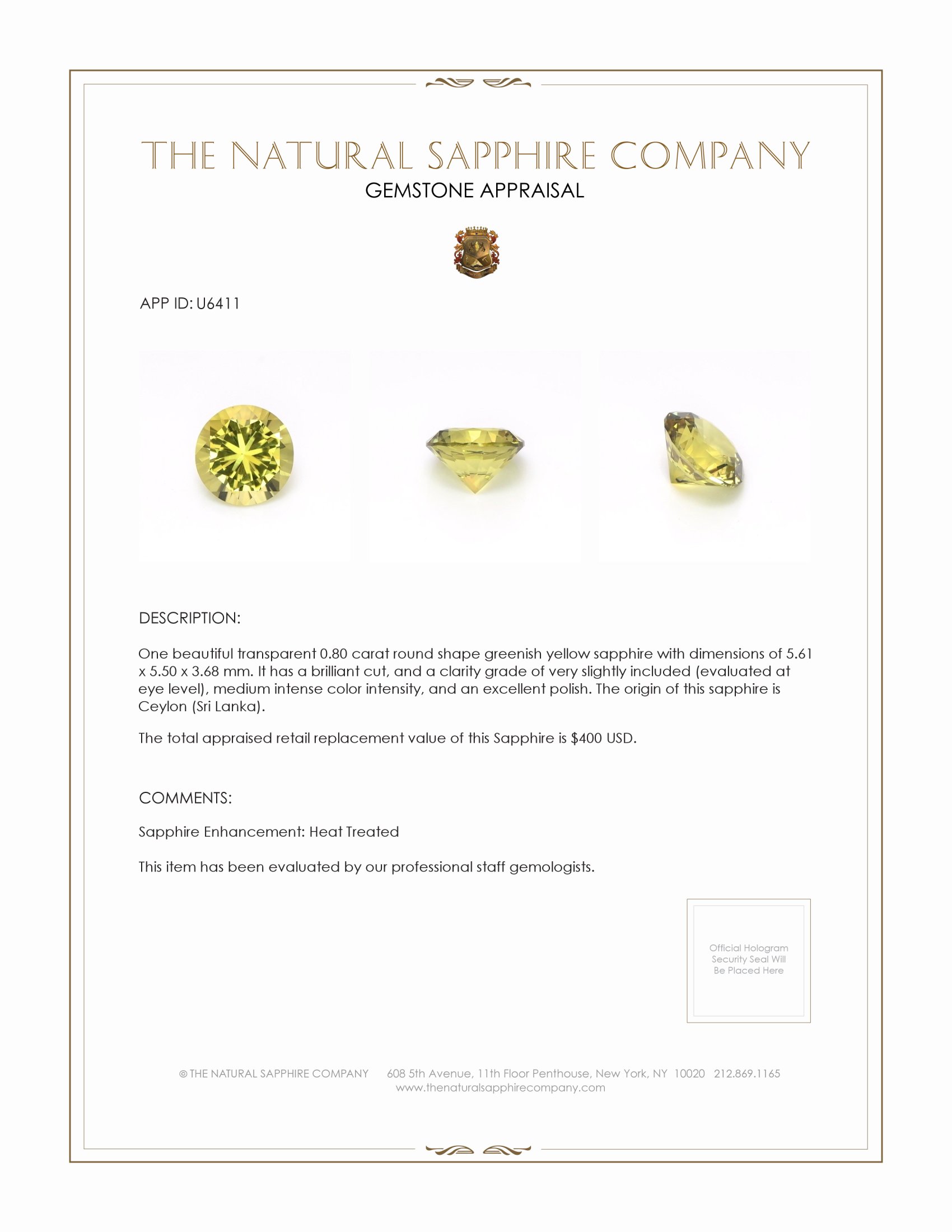 0.80 Ct. Greenish Yellow Sapphire from Ceylon (Sri Lanka)
