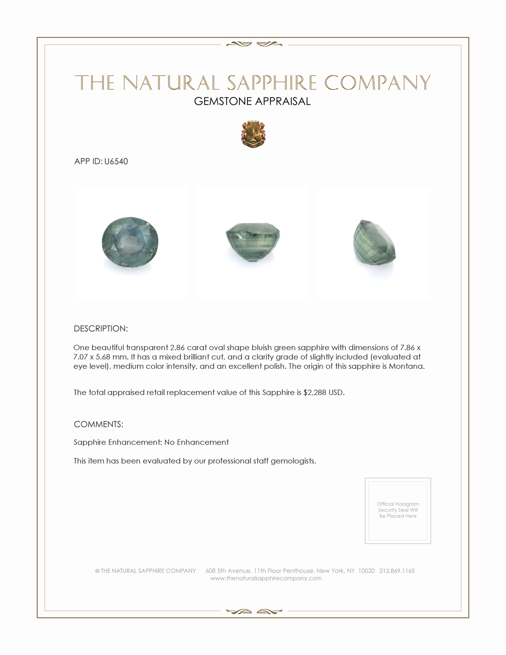 2.86 Ct. Bluish Green Sapphire from Montana
