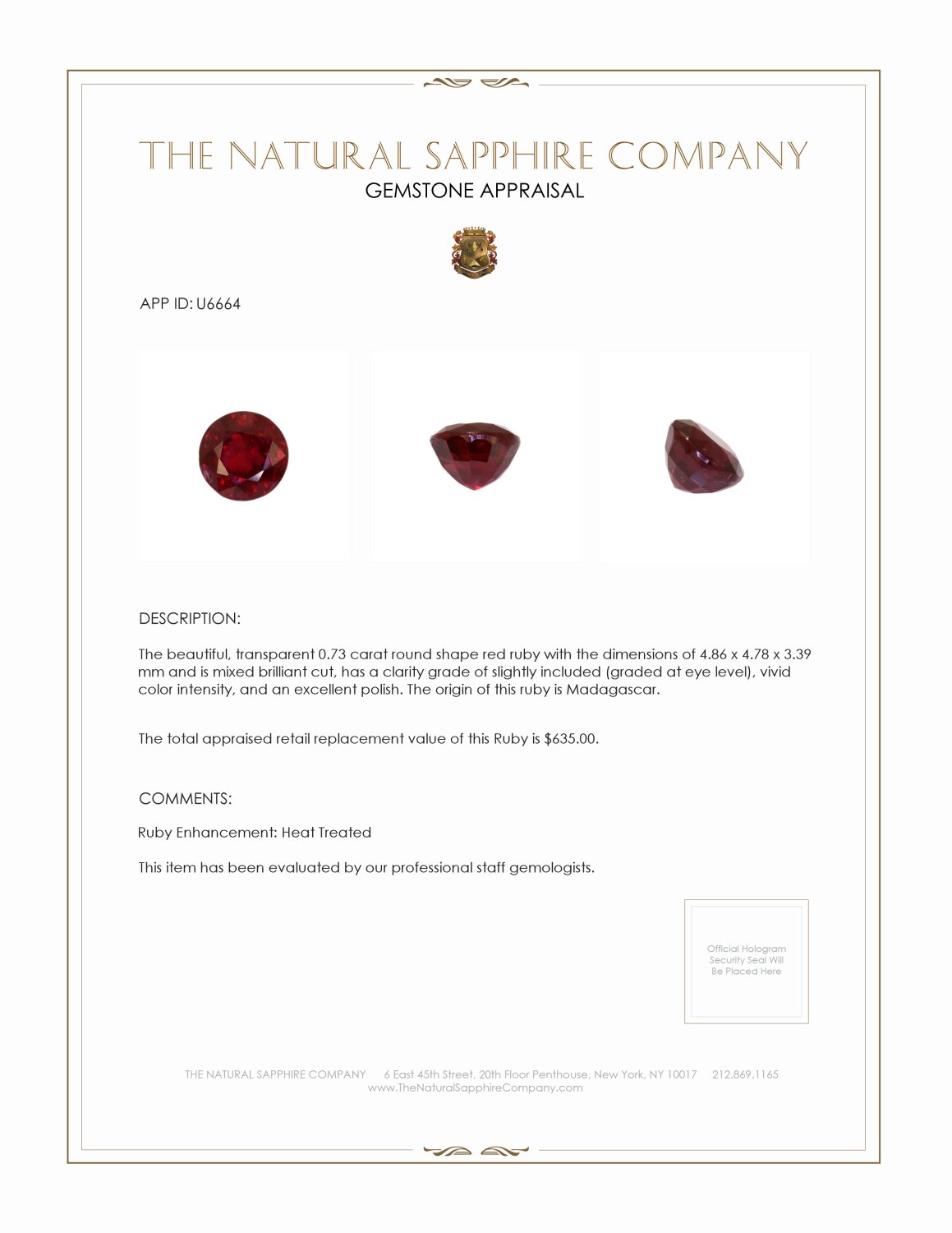 0.73 Ct. Ruby from Madagascar