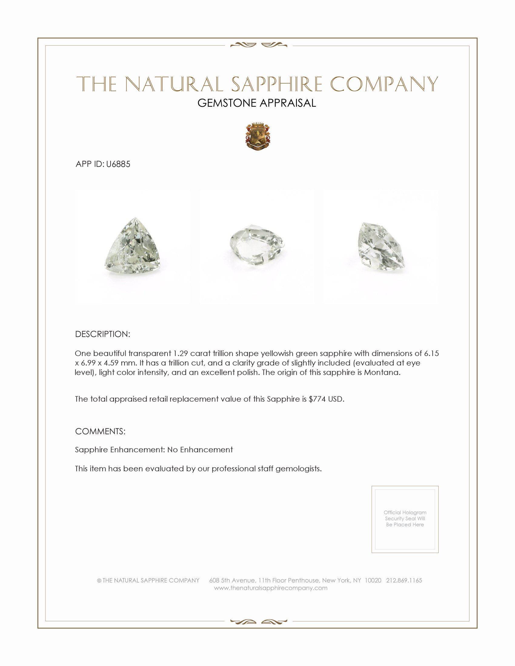 1.29 Ct. Yellowish Green Sapphire from Montana