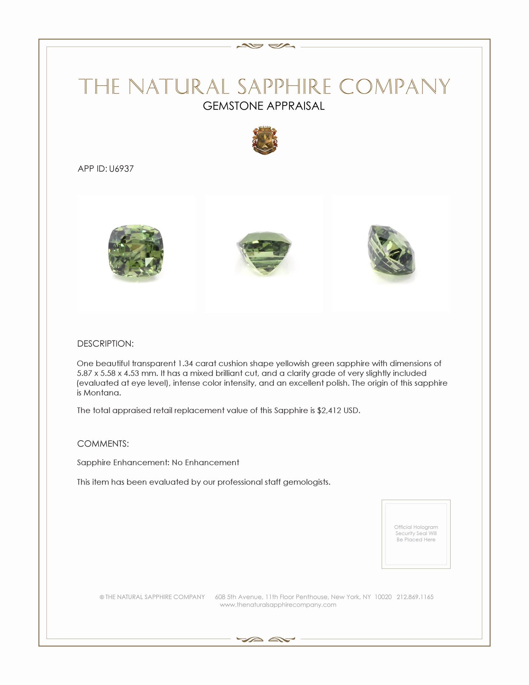 1.34 Ct. Yellowish Green Sapphire from Montana