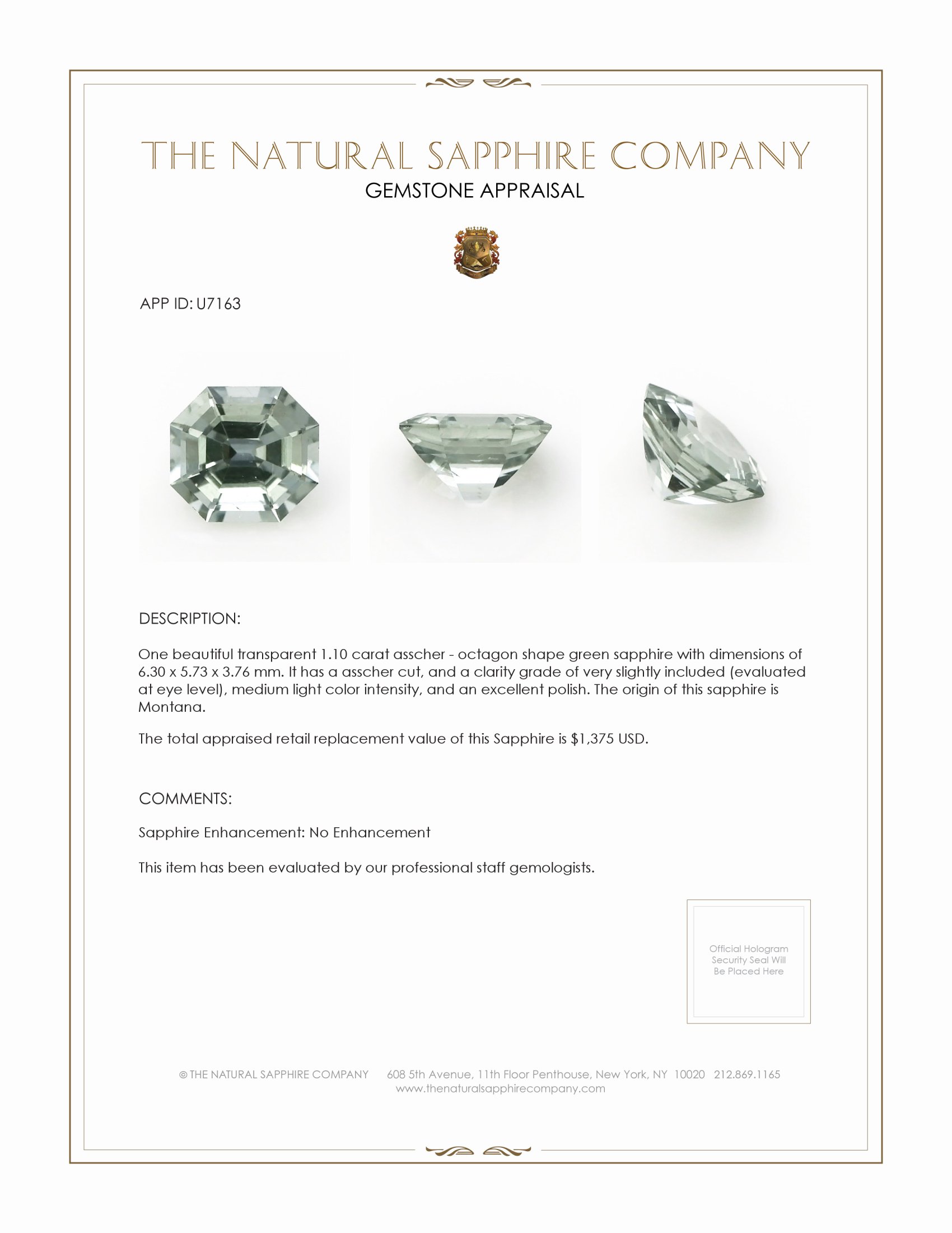 1.10 Ct. Green Sapphire from Montana