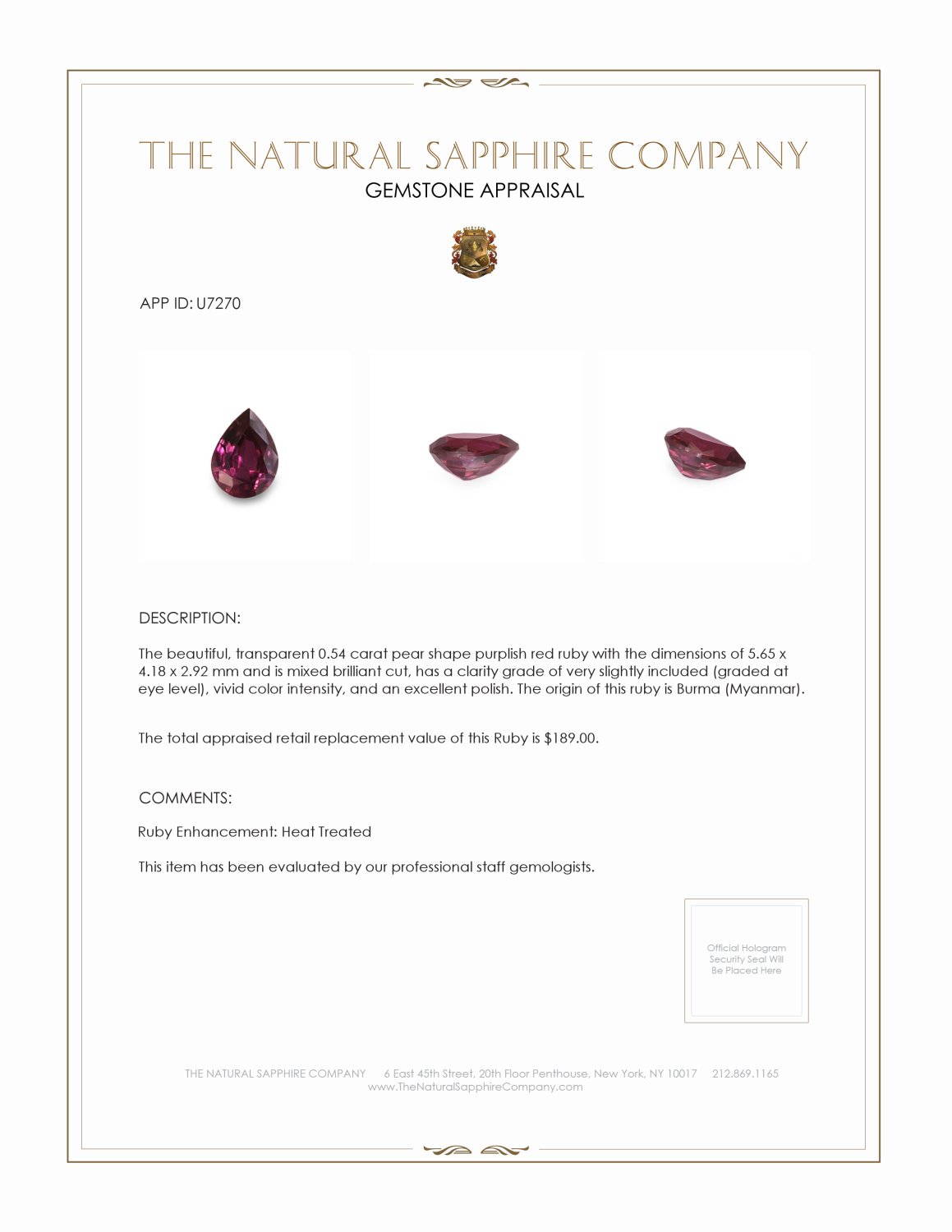 0.54 Ct. Ruby from Burma (Myanmar)