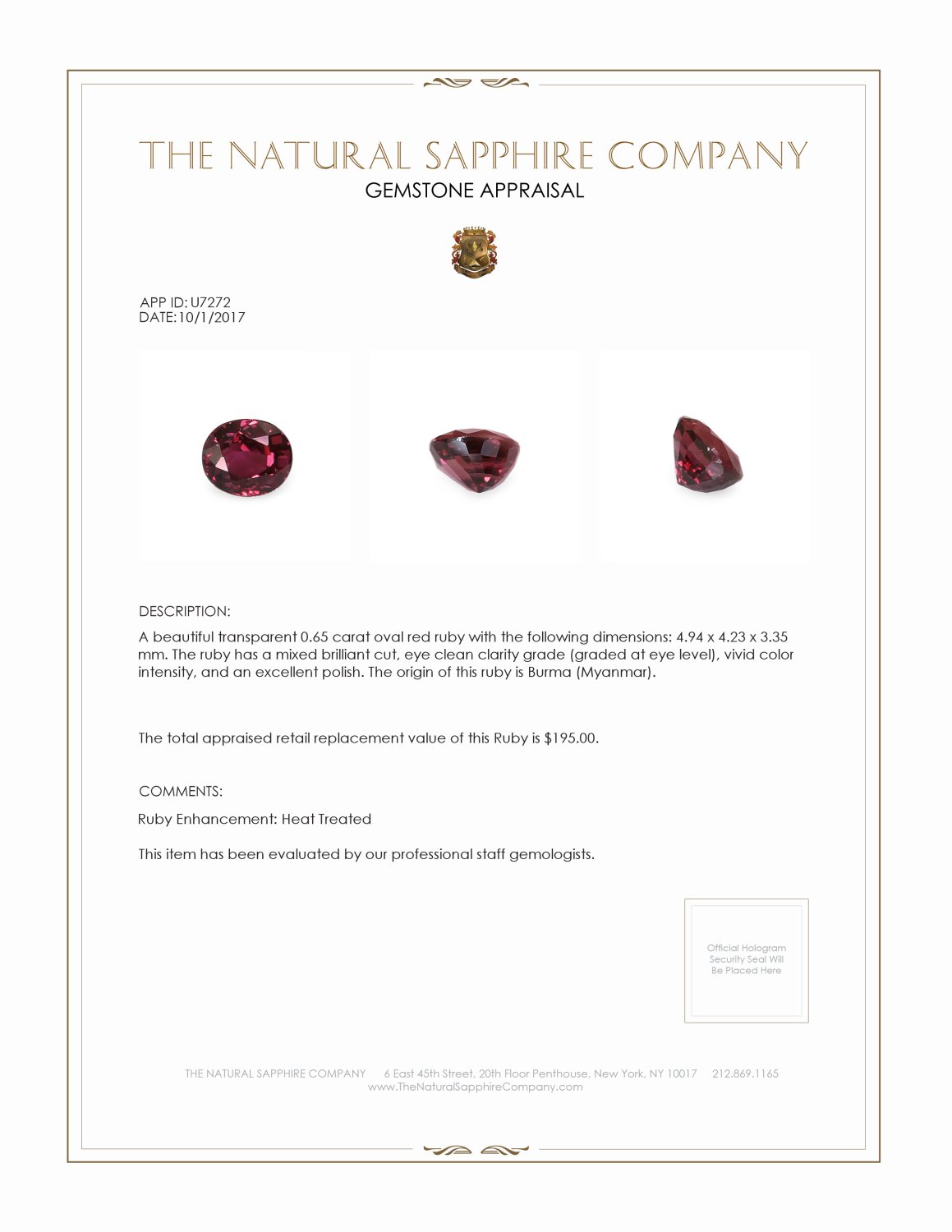 0.65 Ct. Ruby from Burma (Myanmar)