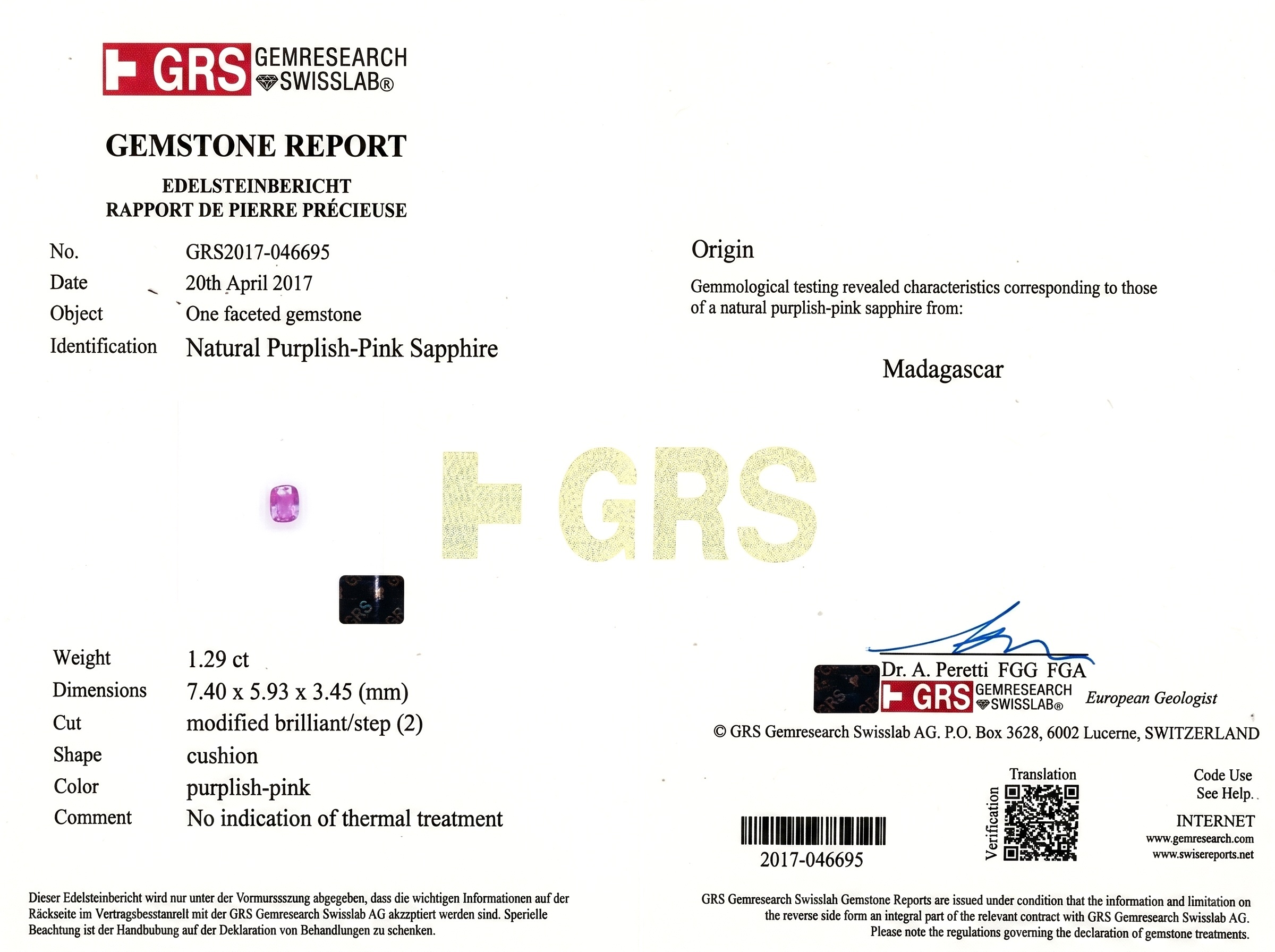 1.29 Ct. Purplish Pink Sapphire from Madagascar