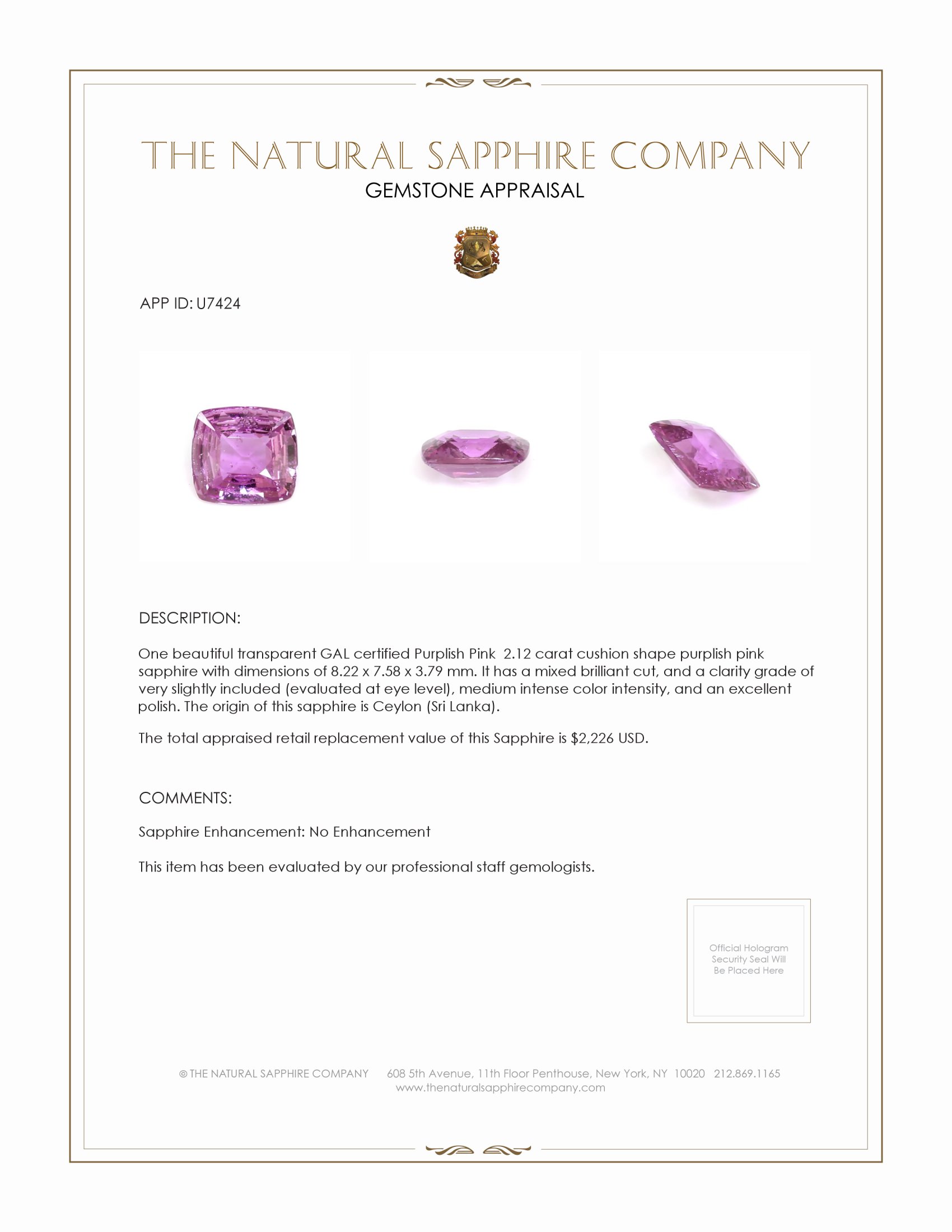 2.12 Ct. Purplish Pink Sapphire from Ceylon (Sri Lanka)