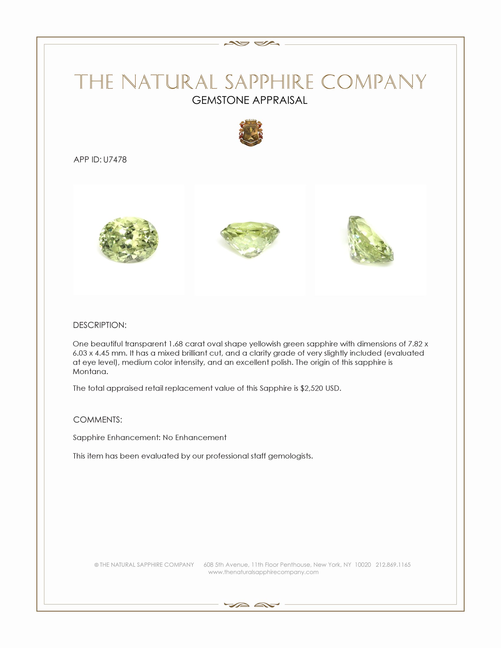 1.68 Ct. Yellowish Green Sapphire from Montana