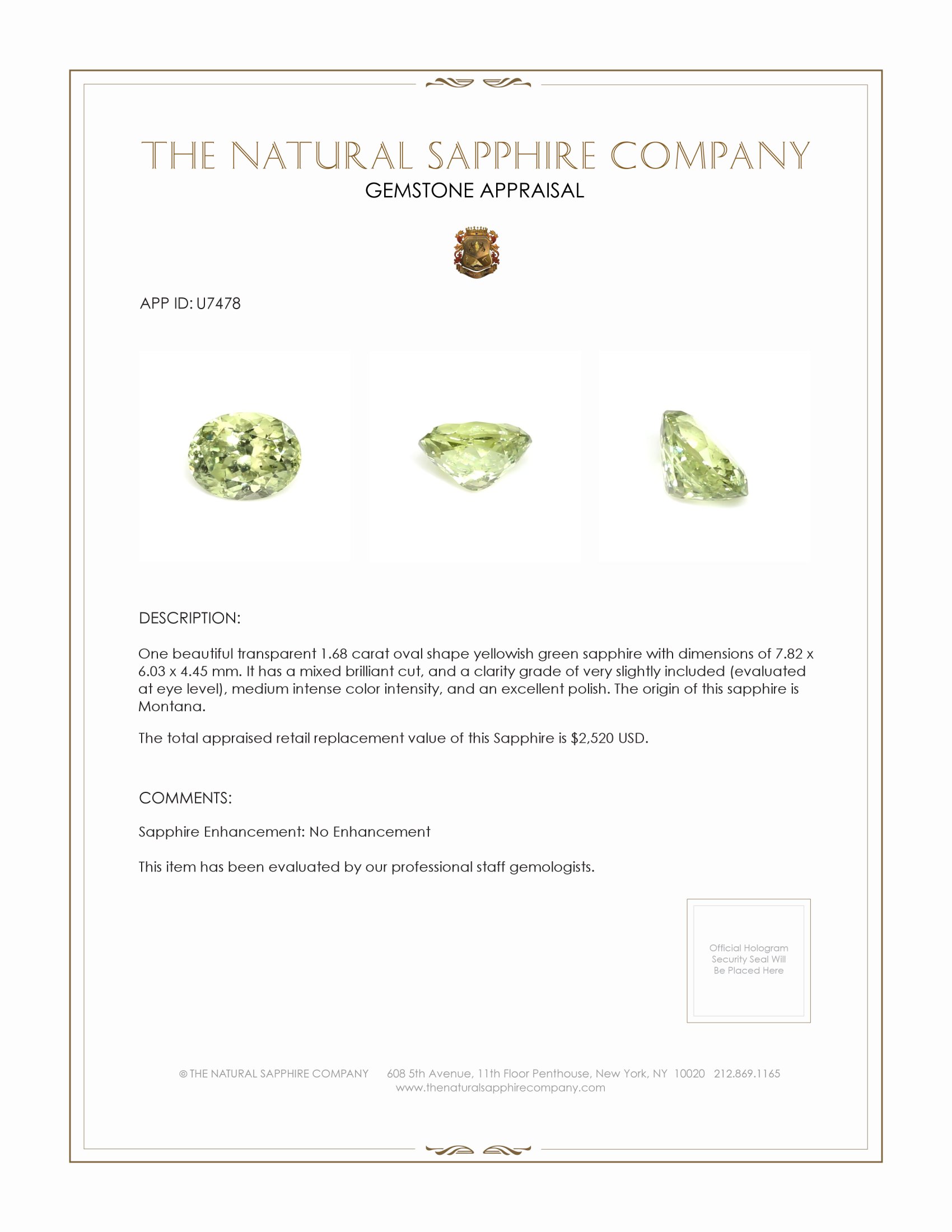 1.68 Ct. Yellowish Green Sapphire from Montana