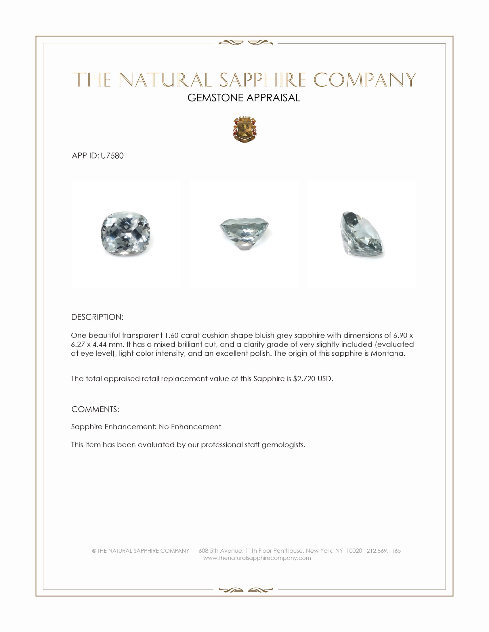 1.60 Ct. Bluish Grey Sapphire from Montana