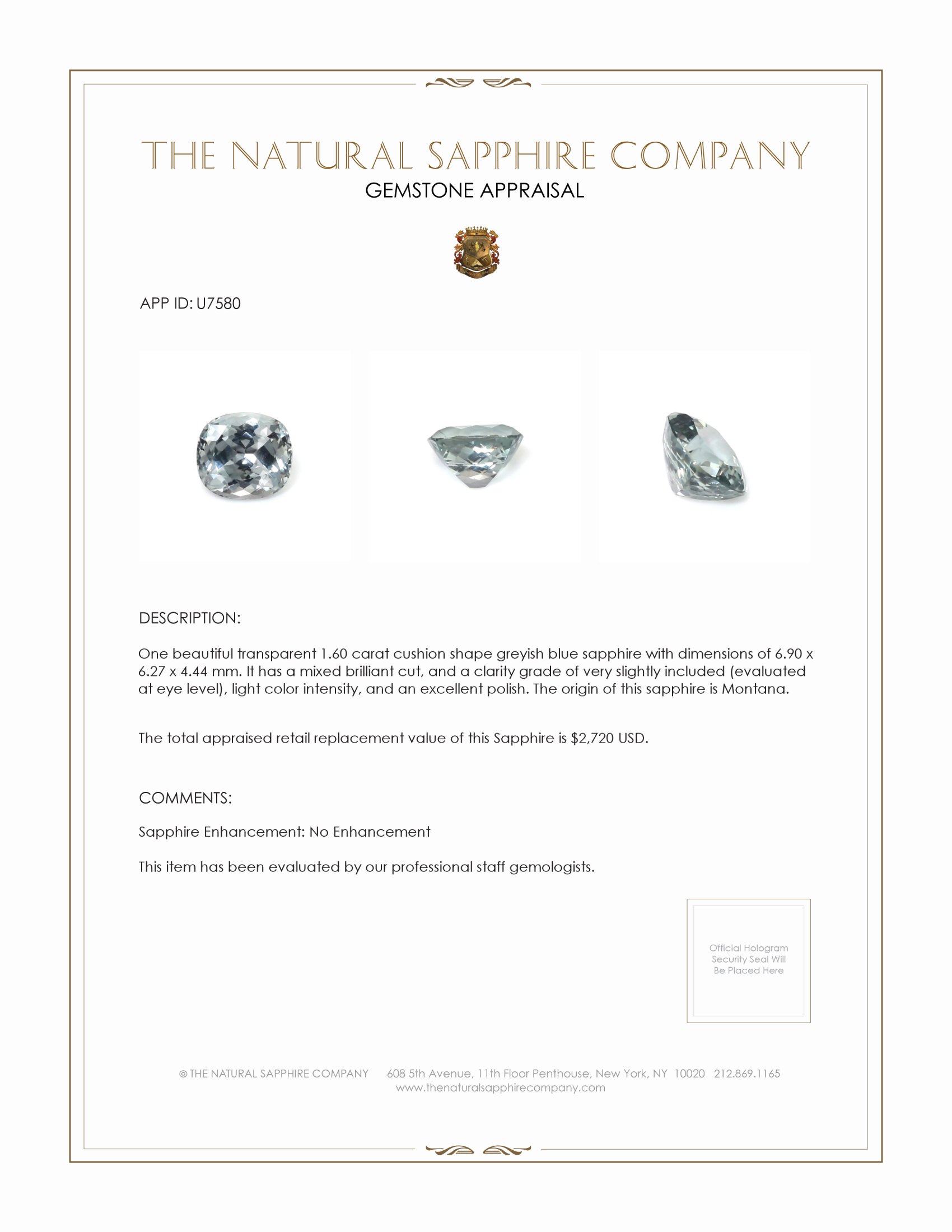 1.60 Ct. Greyish Blue Sapphire from Montana