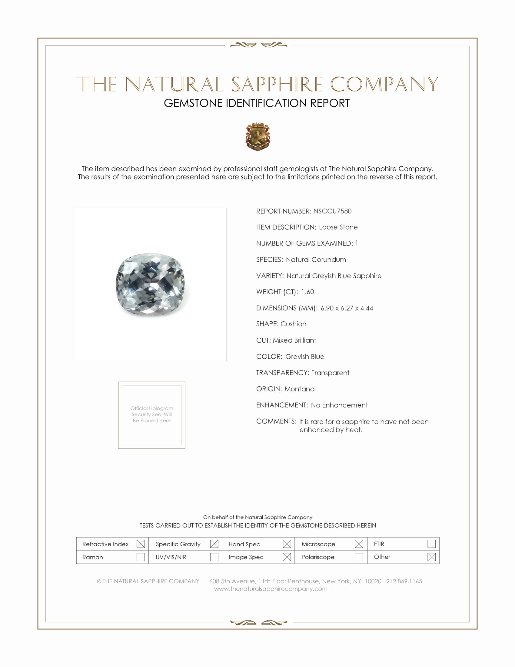 1.60 Ct. Greyish Blue Sapphire from Montana