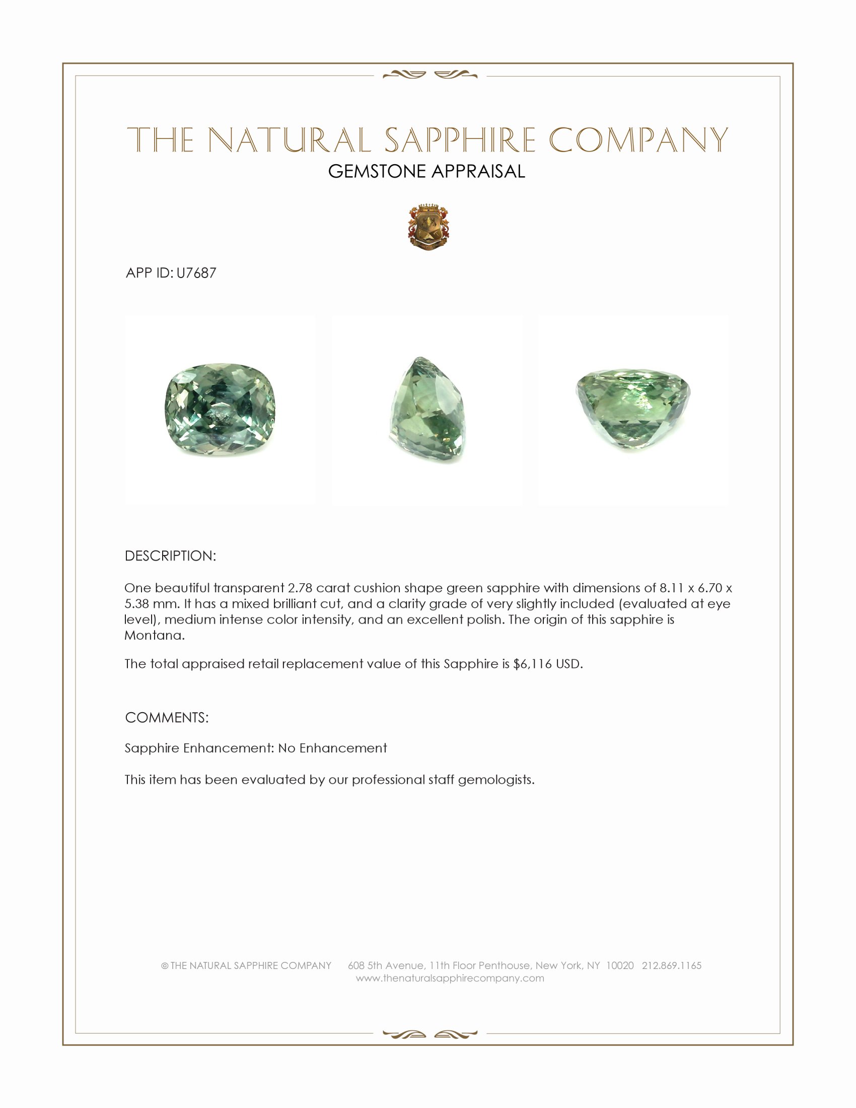 2.78 Ct. Green Sapphire from Montana