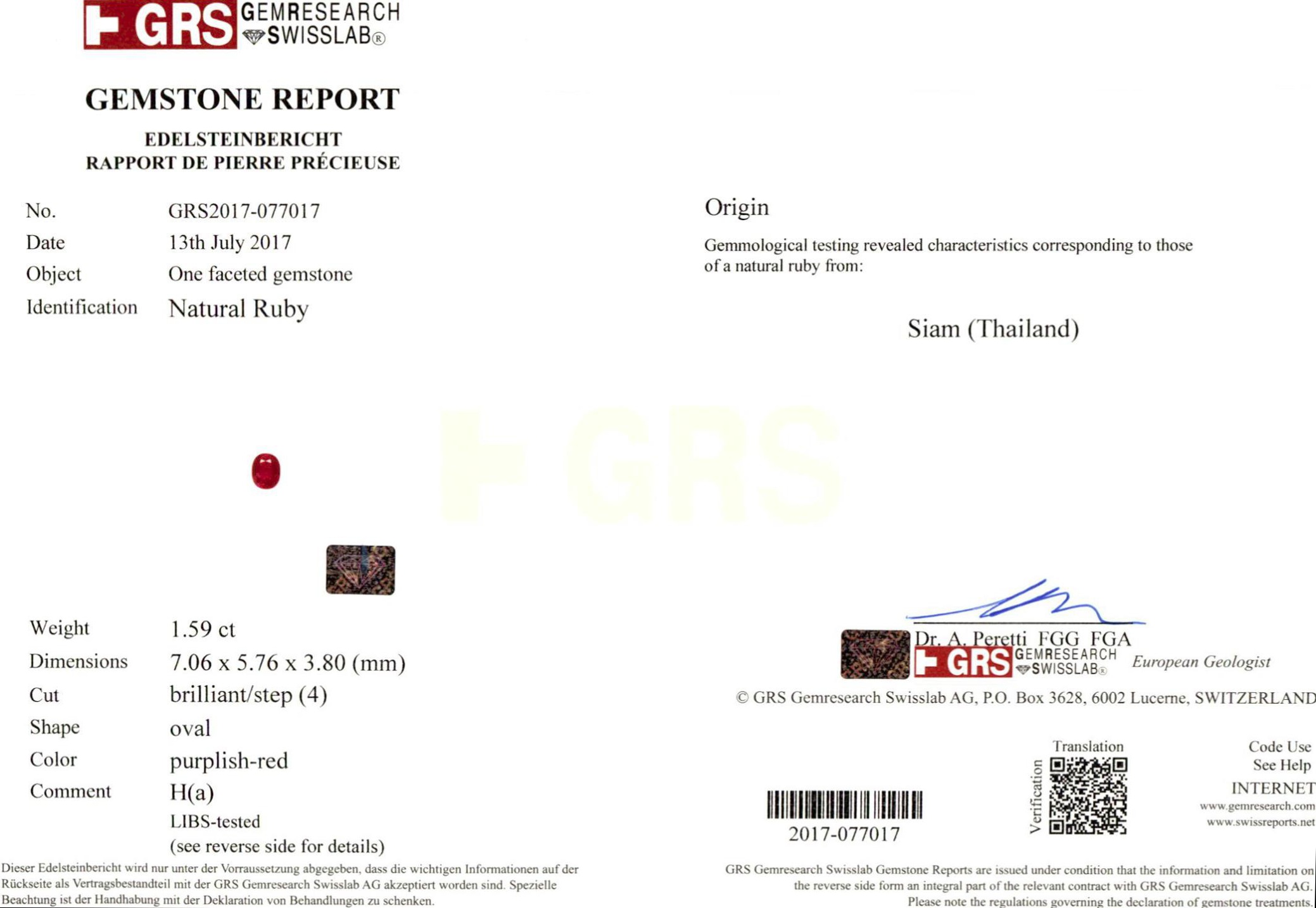 1.59 Ct. Ruby from Thailand