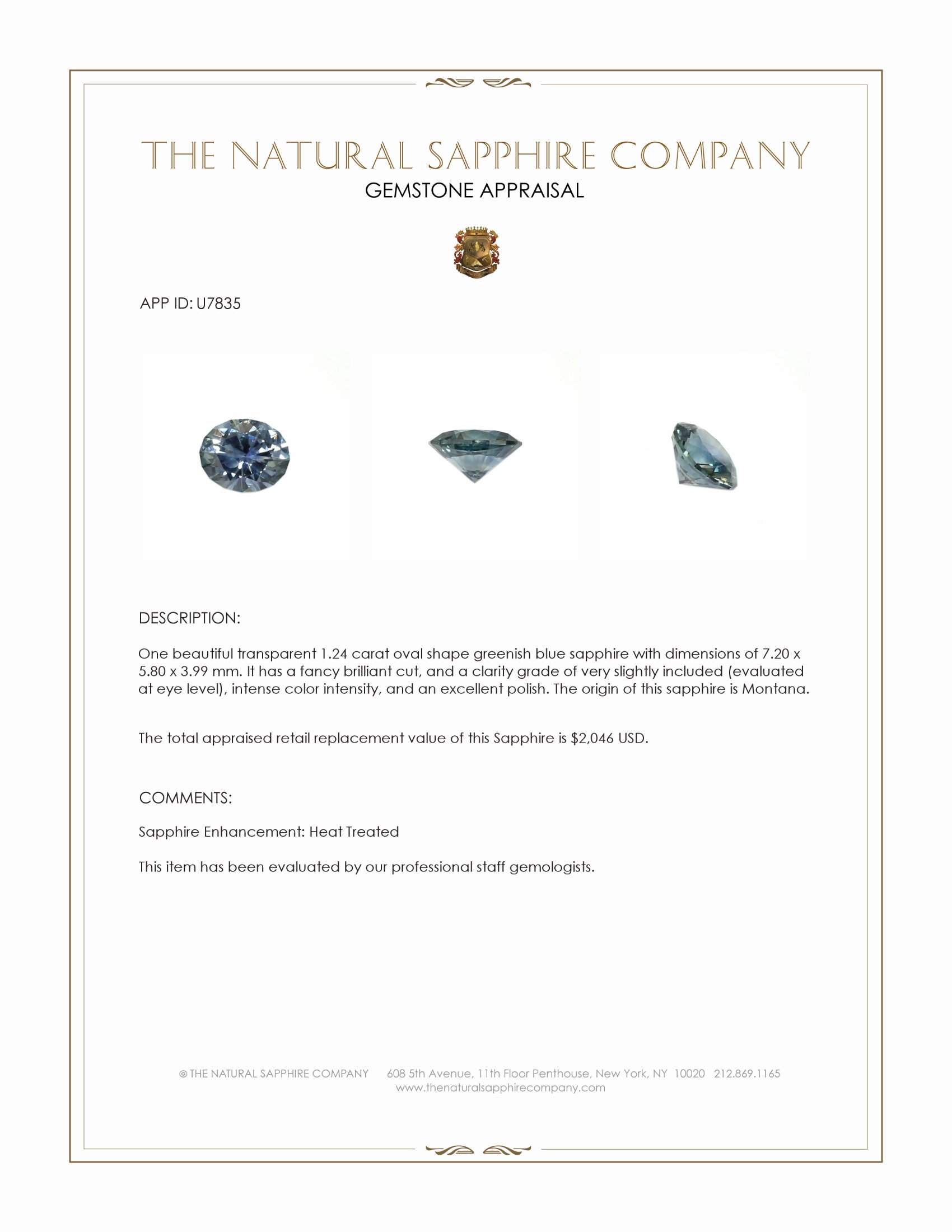 1.24 Ct. Greenish Blue Sapphire from Montana