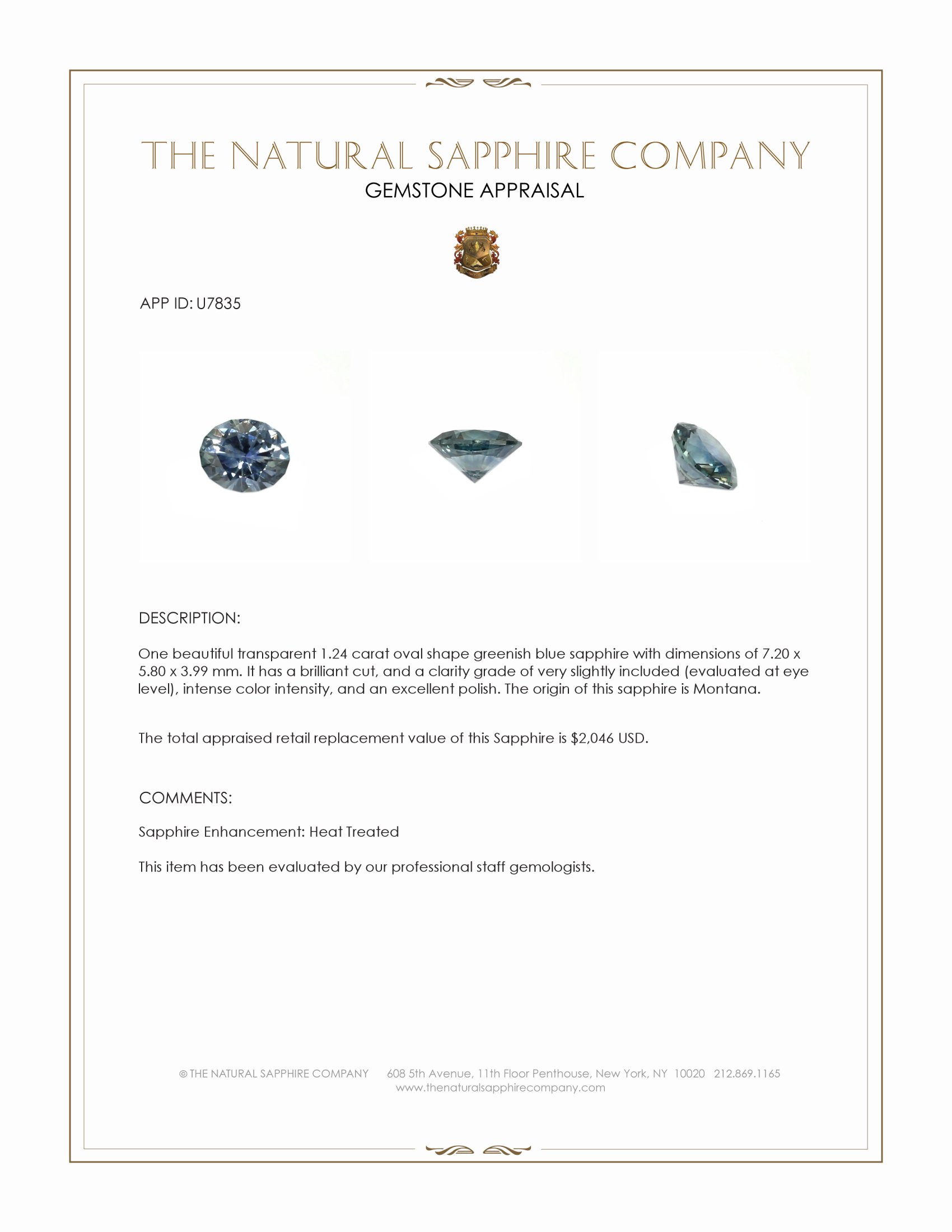 1.24 Ct. Greenish Blue Sapphire from Montana